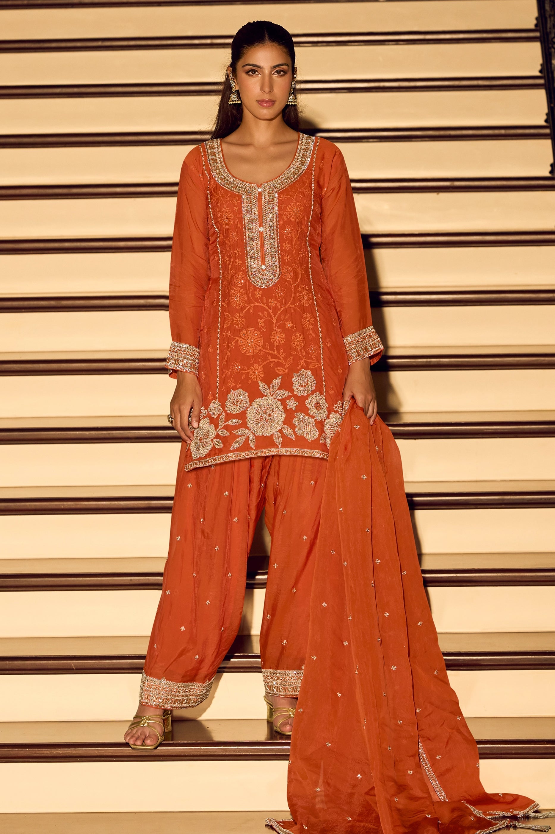 Orange Readymade Embroidered Chinon Silk Suit-SAR11495_1_SareeButa.com