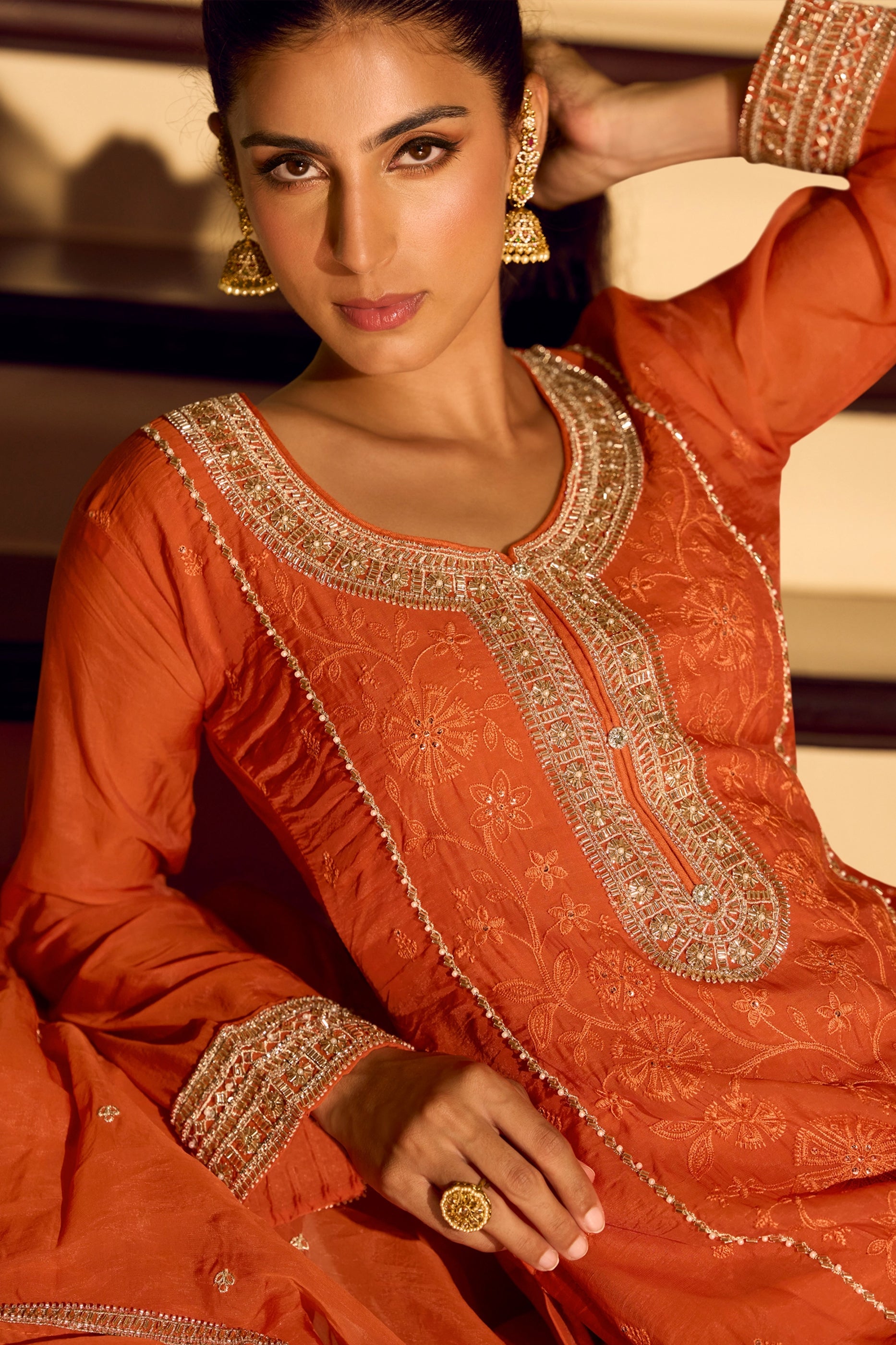 Orange Readymade Embroidered Chinon Silk Suit-SAR11495_2_SareeButa.com