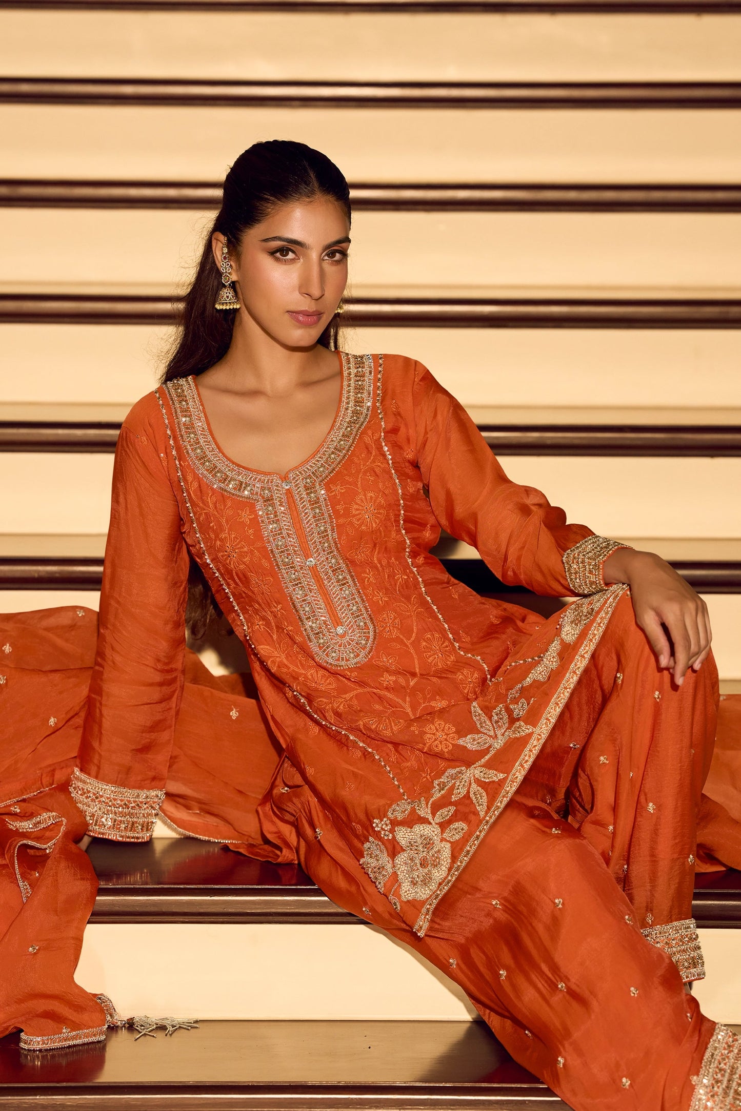 Orange Readymade Embroidered Chinon Silk Suit-SAR11495_3_SareeButa.com