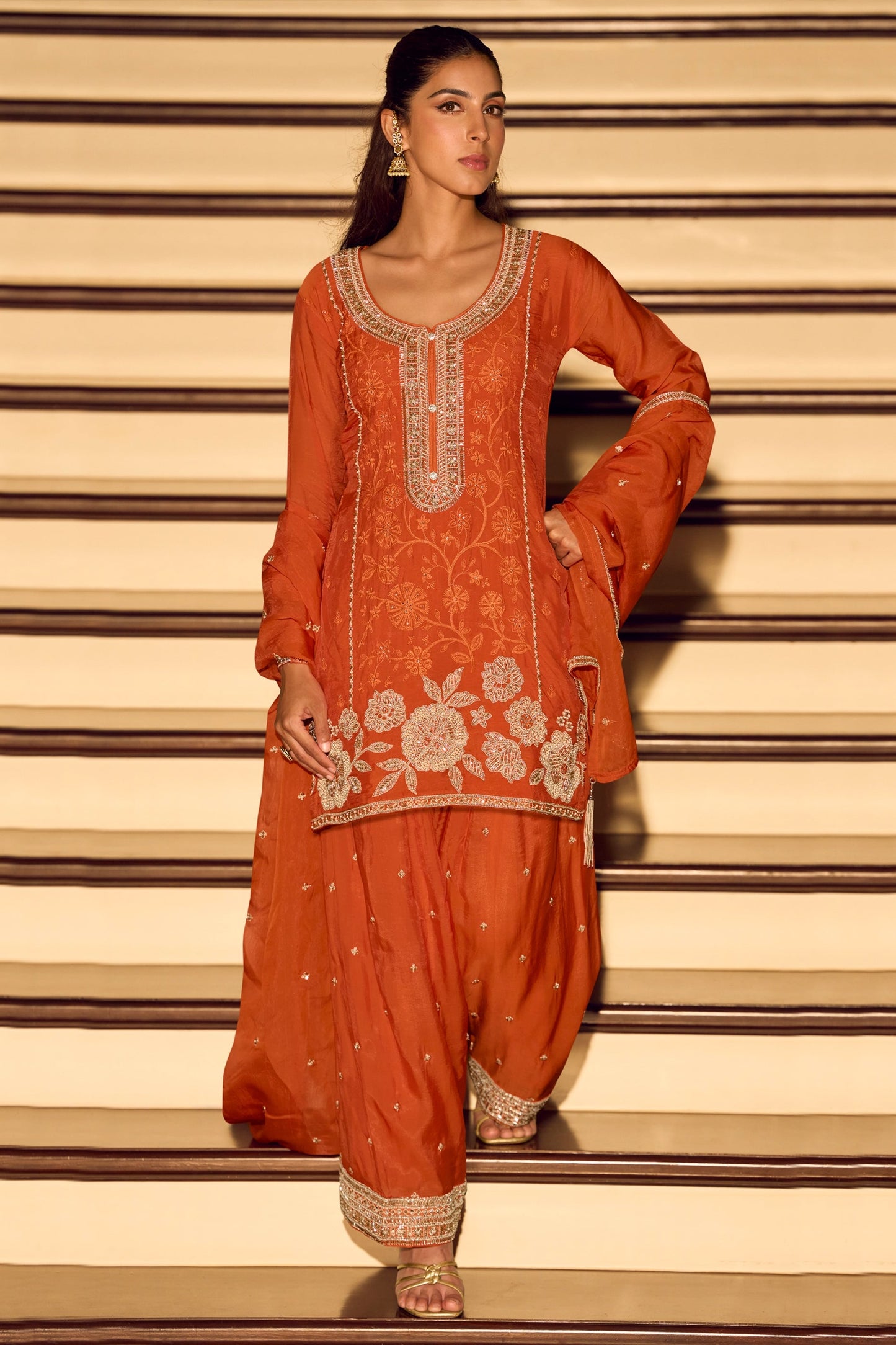 Orange Readymade Embroidered Chinon Silk Suit-SAR11495_4_SareeButa.com