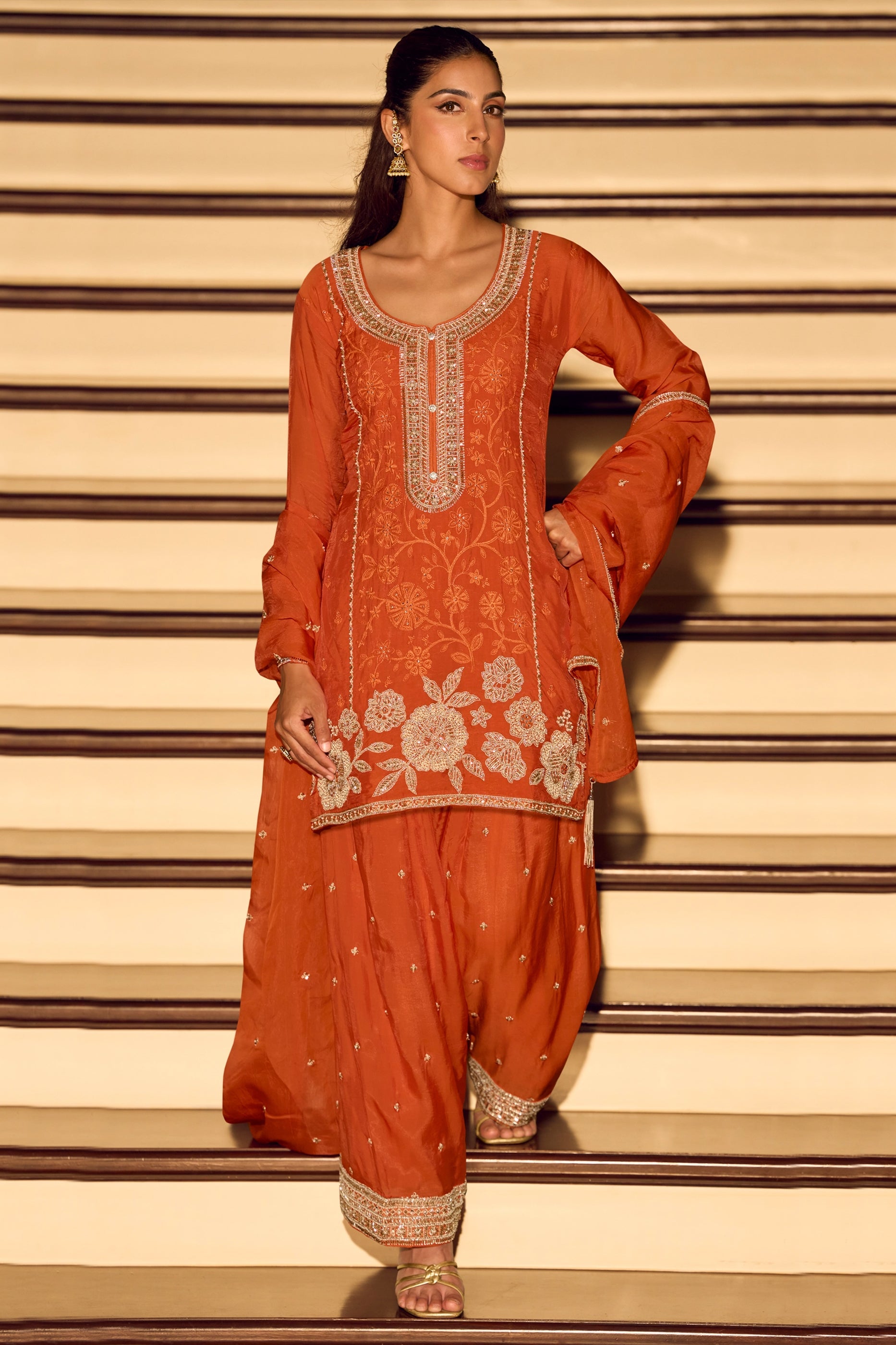 Orange Readymade Embroidered Chinon Silk Suit-SAR11495_4_SareeButa.com