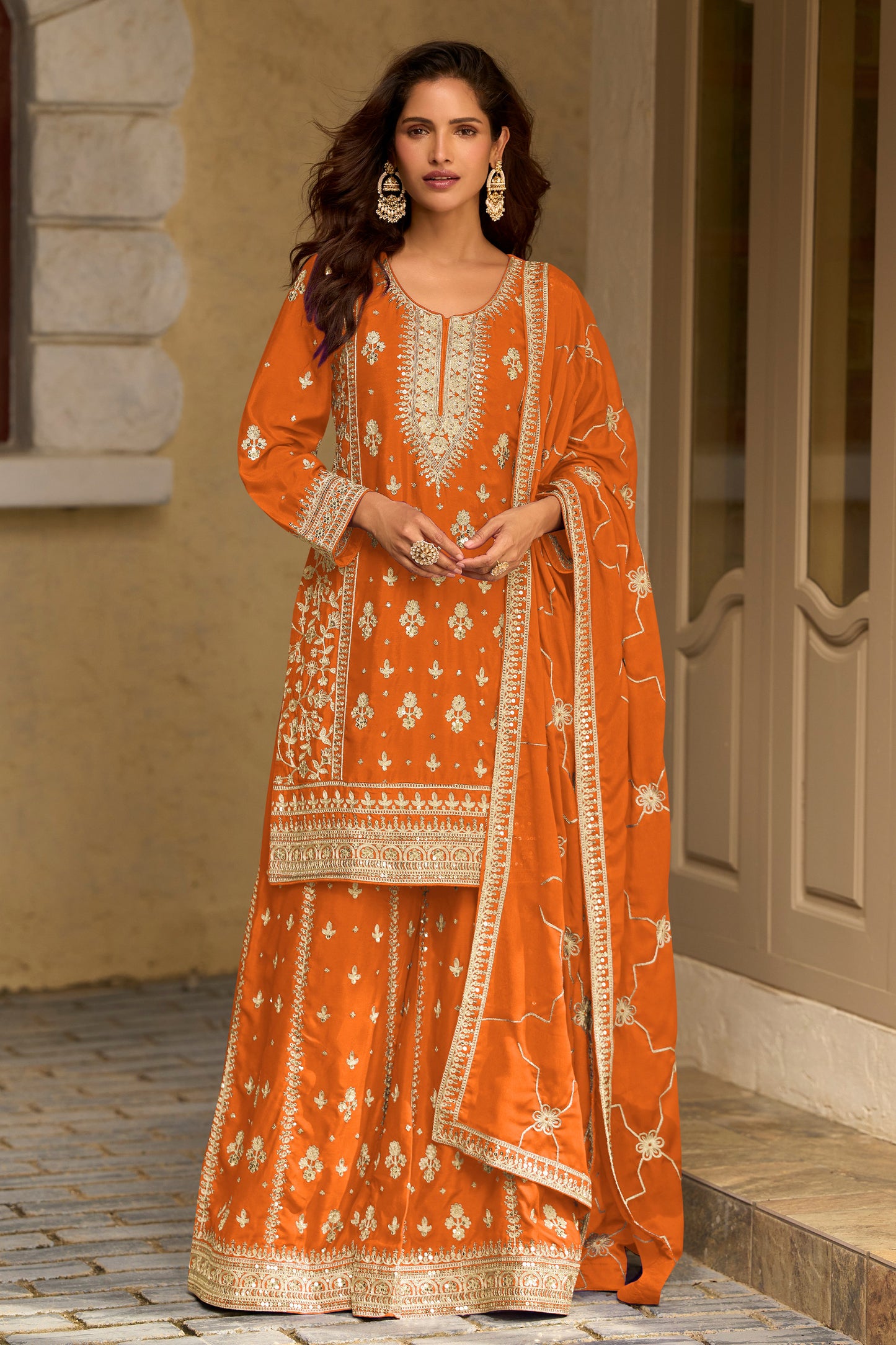 Orange Readymade Embroidered Chinon Silk Suit-SAR13090_1_SareeButa.com
