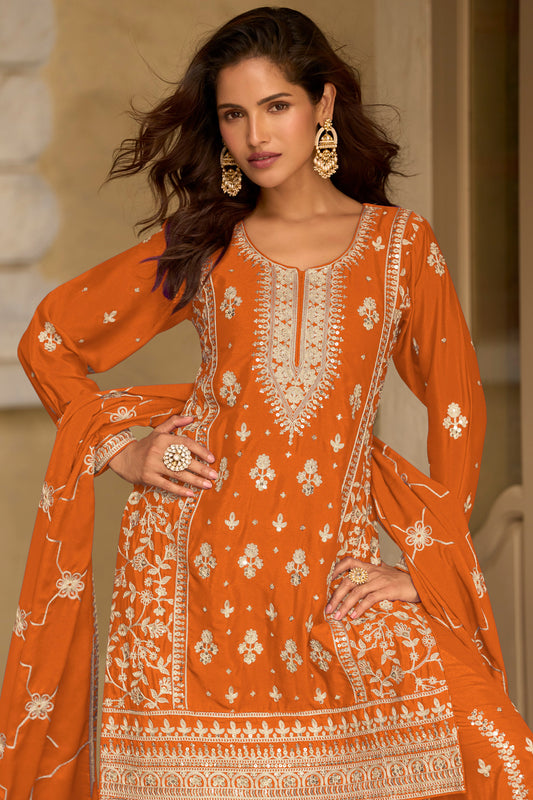 Orange Readymade Embroidered Chinon Silk Suit-SAR13090_2_SareeButa.com