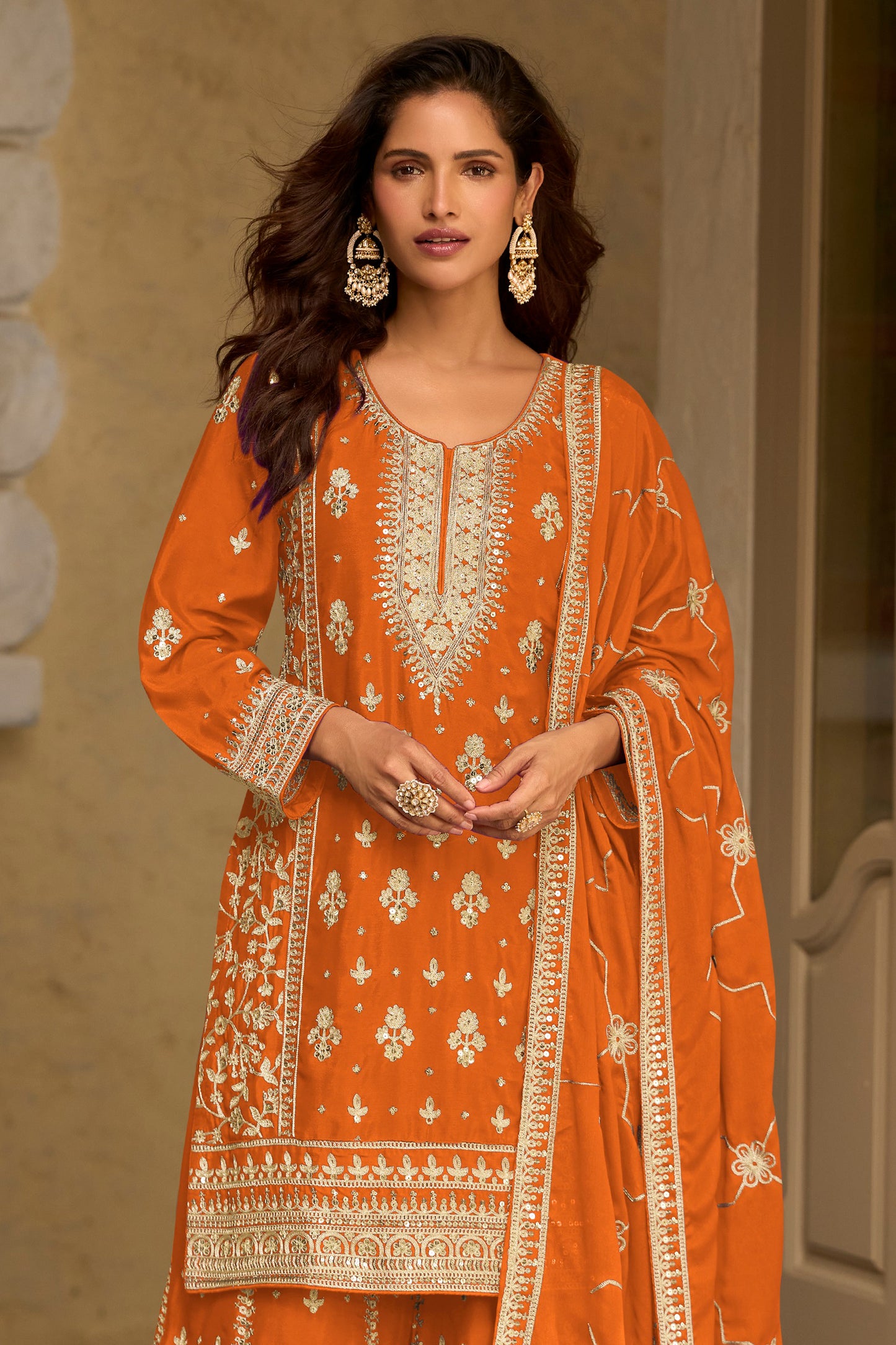 Orange Readymade Embroidered Chinon Silk Suit-SAR13090_3_SareeButa.com