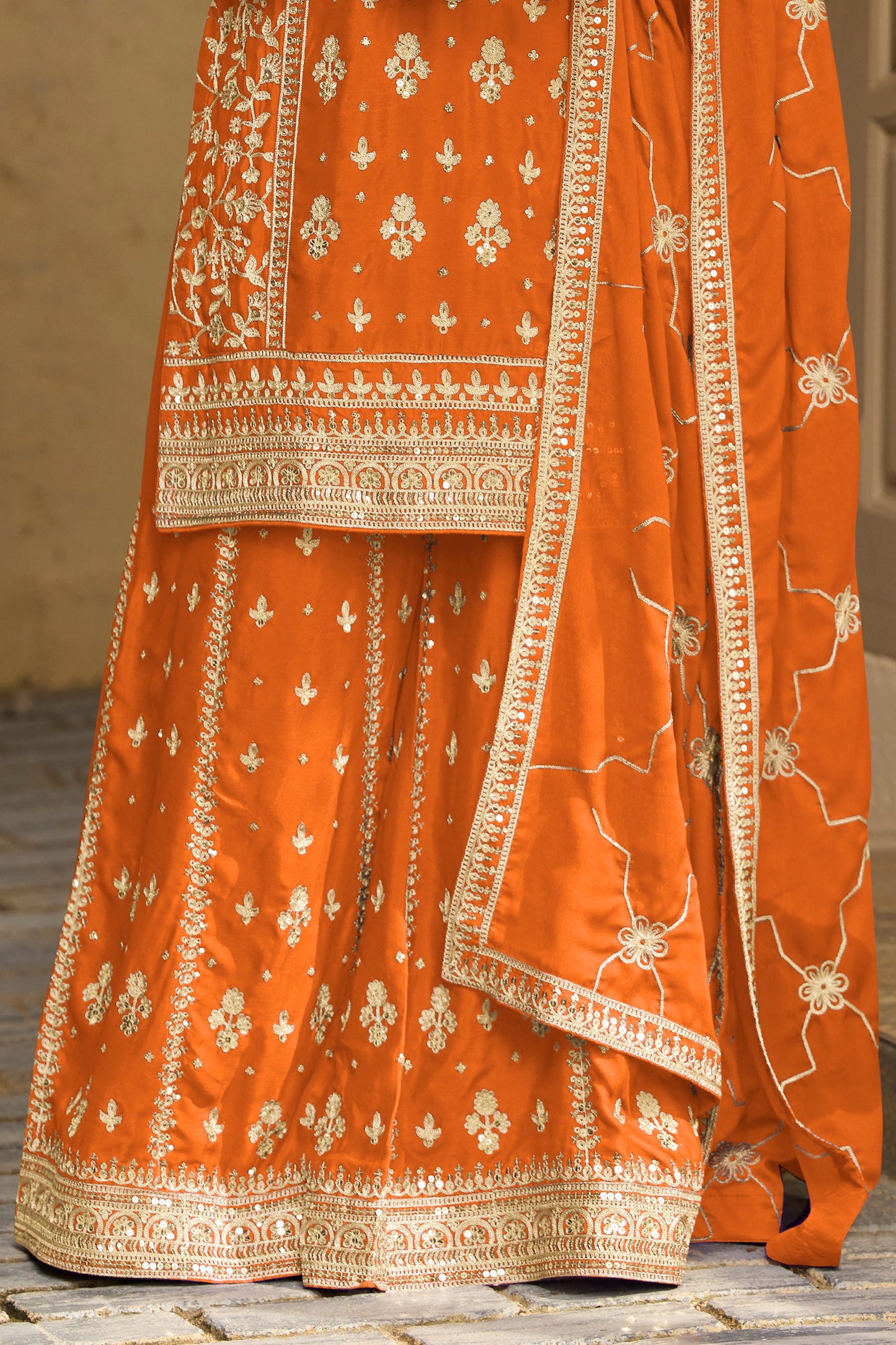 Orange Readymade Embroidered Chinon Silk Suit-SAR13090_4_SareeButa.com