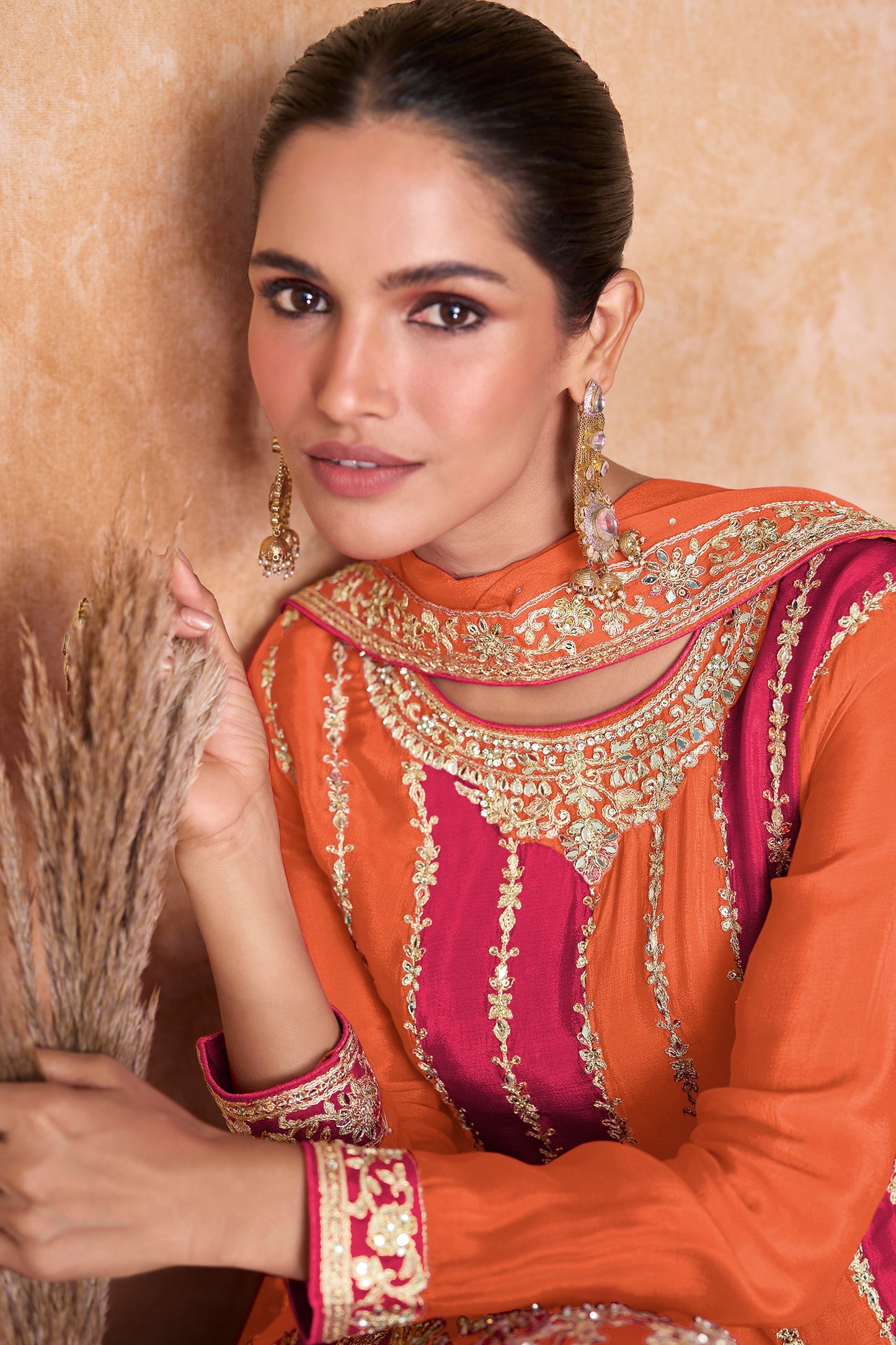 Orange Readymade Embroidered Chinon Suit-SAR10486_2_SareeButa.com