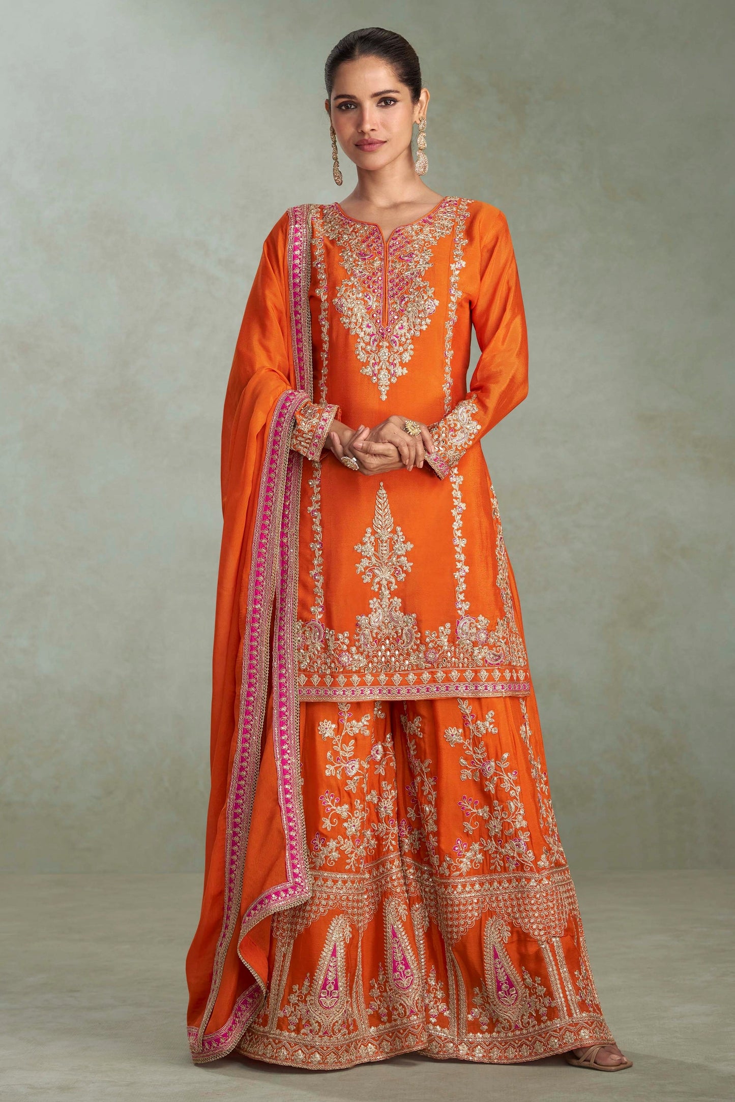 Orange Readymade Embroidered Chinon Suit-SAR10642_1_SareeButa.com