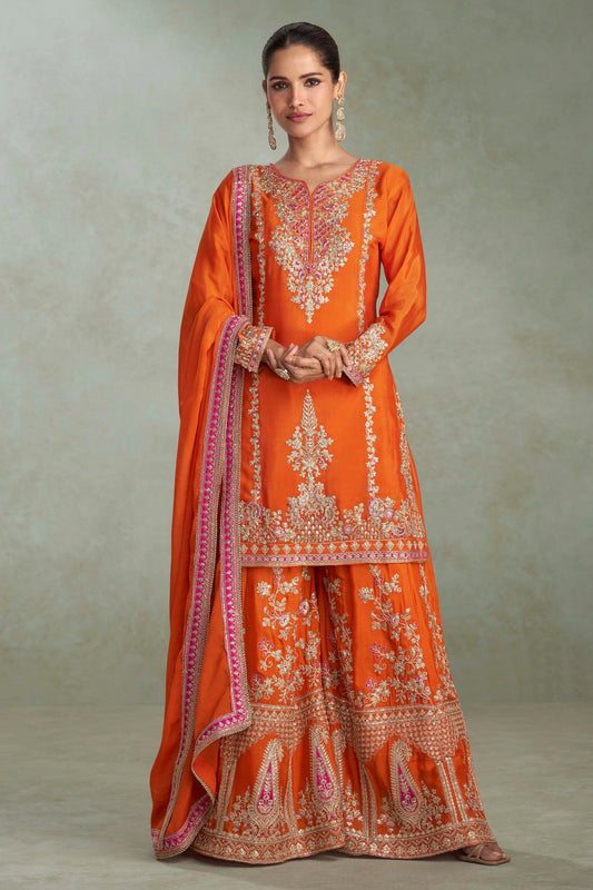 Orange Readymade Embroidered Chinon Suit-SAR10642_1_SareeButa.com