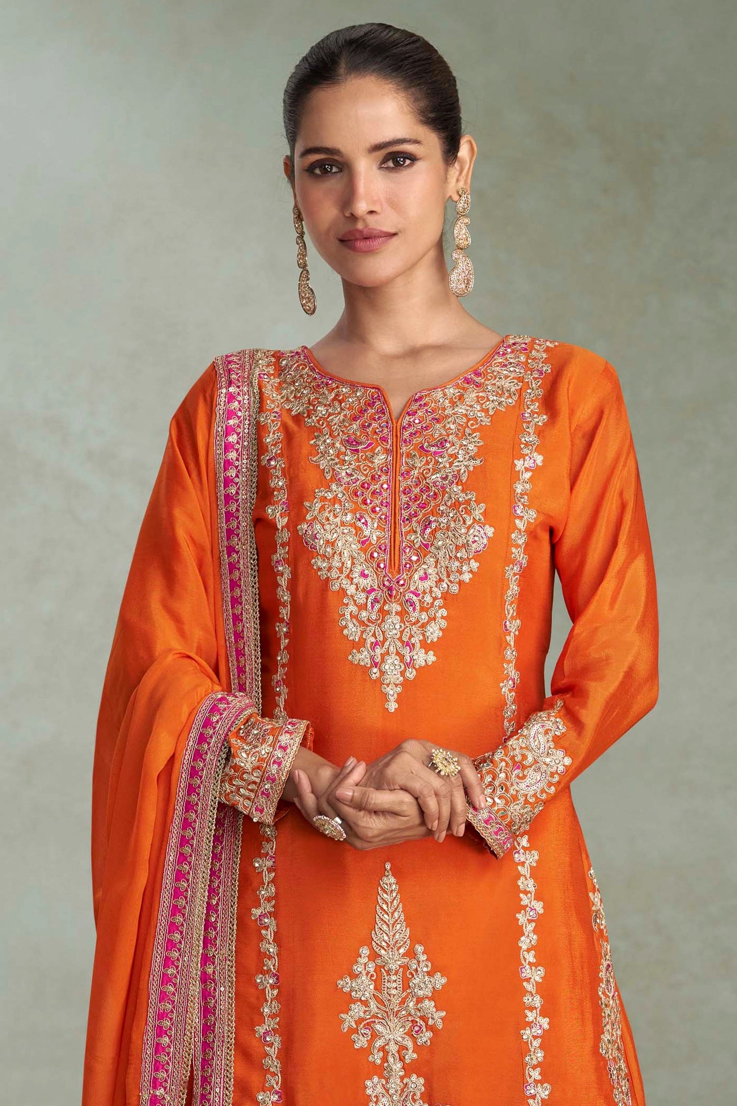 Orange Readymade Embroidered Chinon Suit-SAR10642_3_SareeButa.com