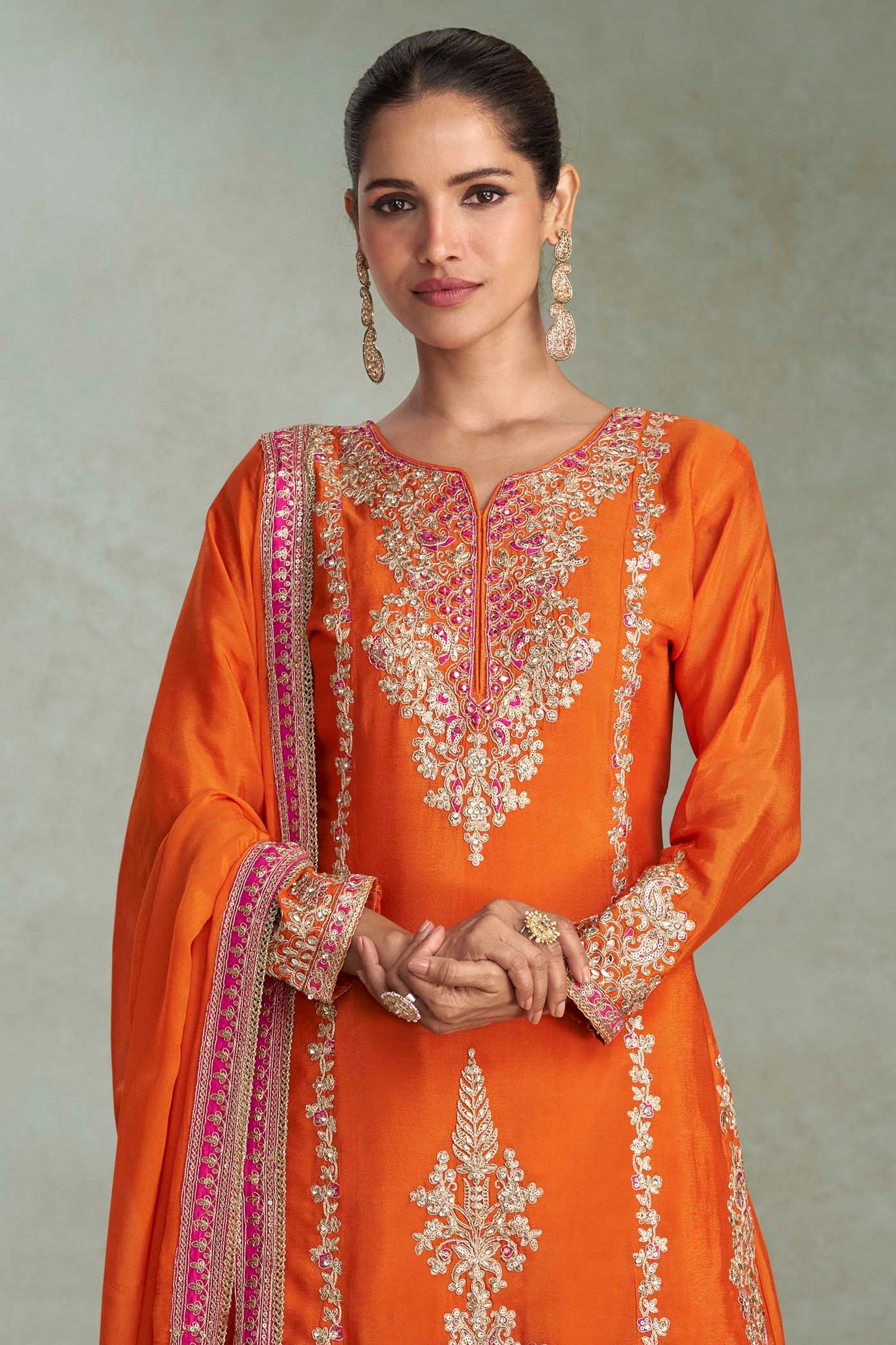 Orange Readymade Embroidered Chinon Suit-SAR10642_3_SareeButa.com