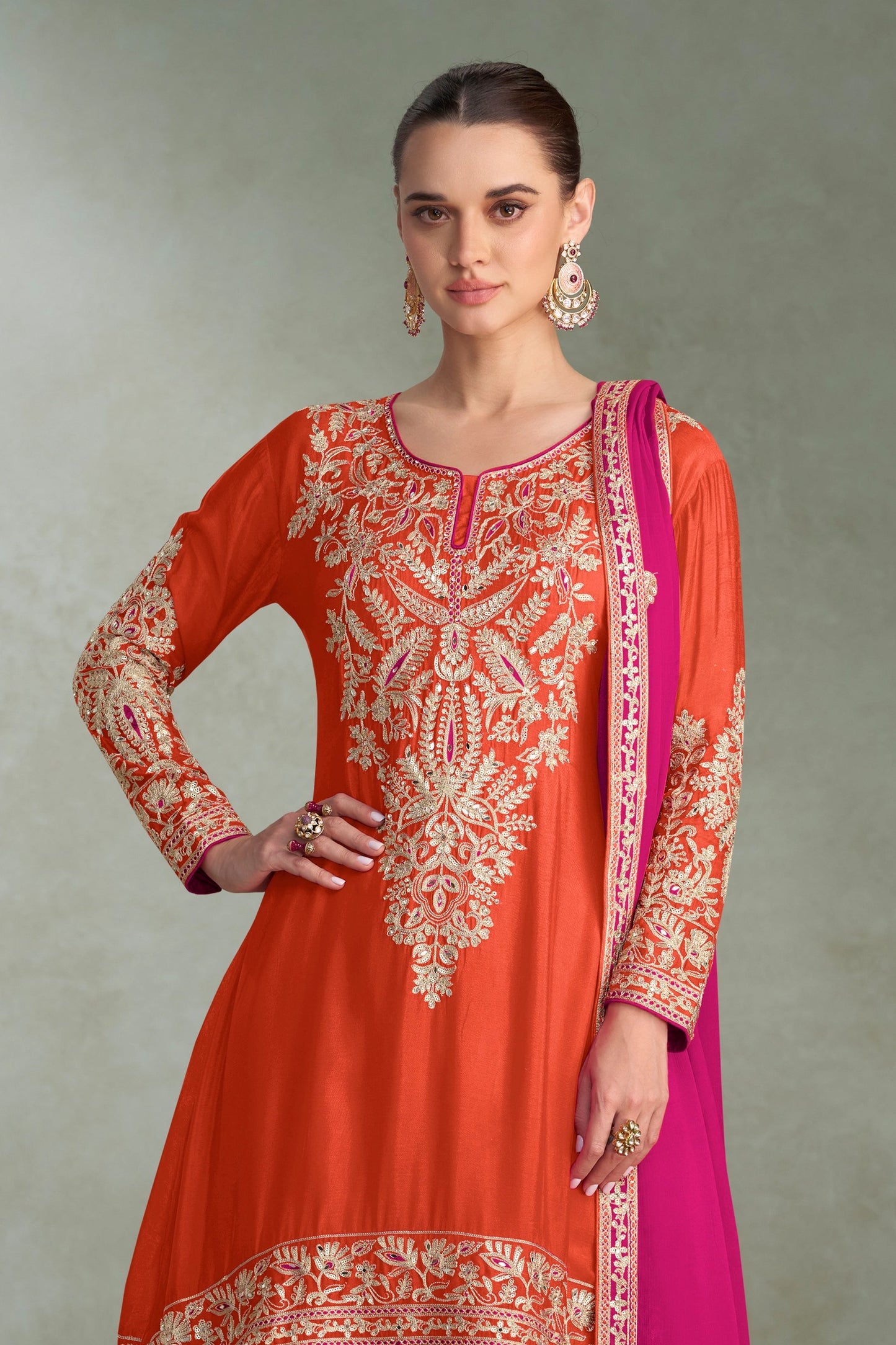Orange Readymade Embroidered Chinon Suit-SAR10670_3_SareeButa.com