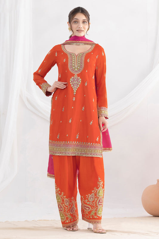 Orange Readymade Embroidered Chinon Suit-SAR10787_1_SareeButa.com