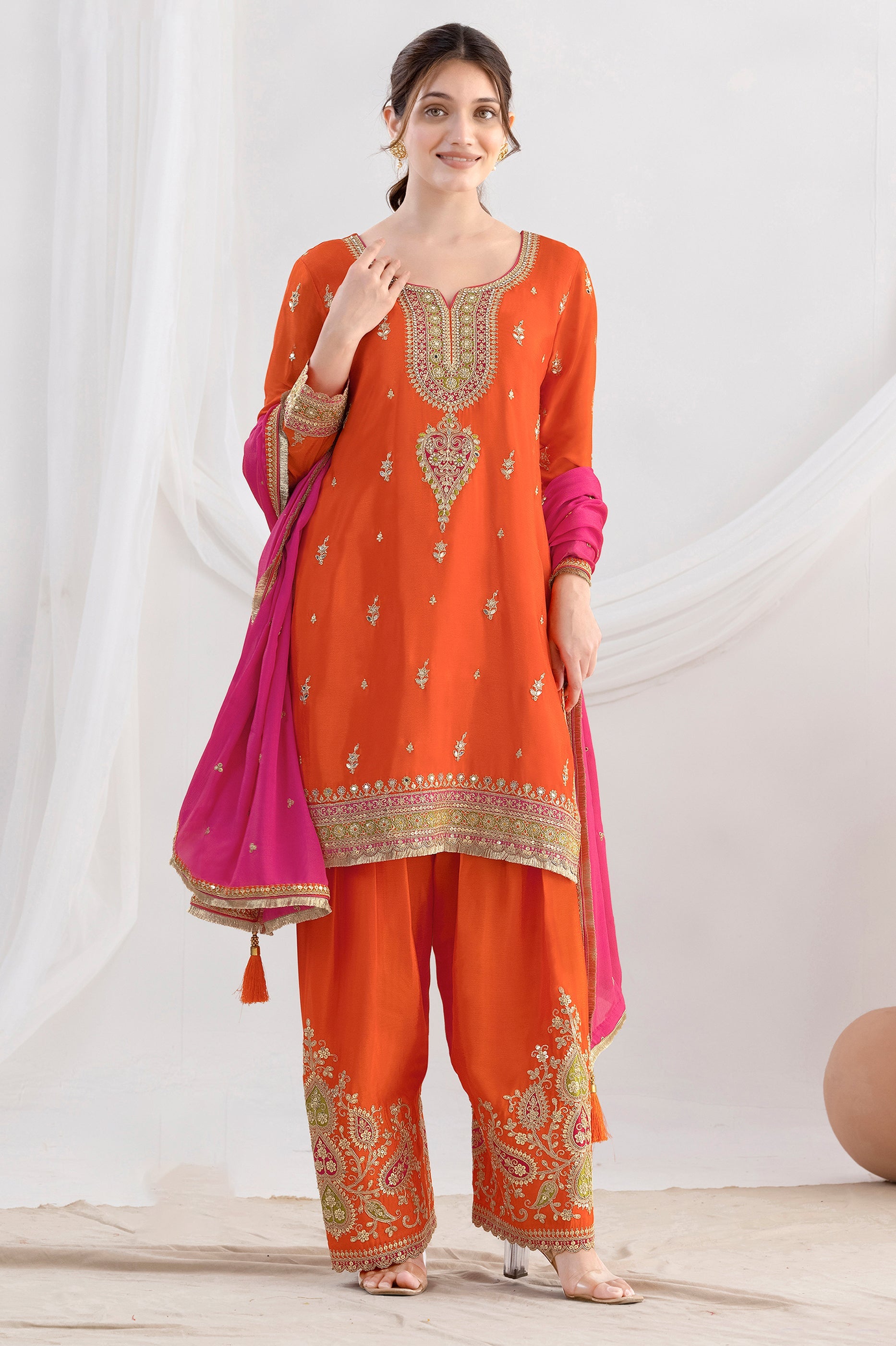 Orange Readymade Embroidered Chinon Suit-SAR10787_3_SareeButa.com