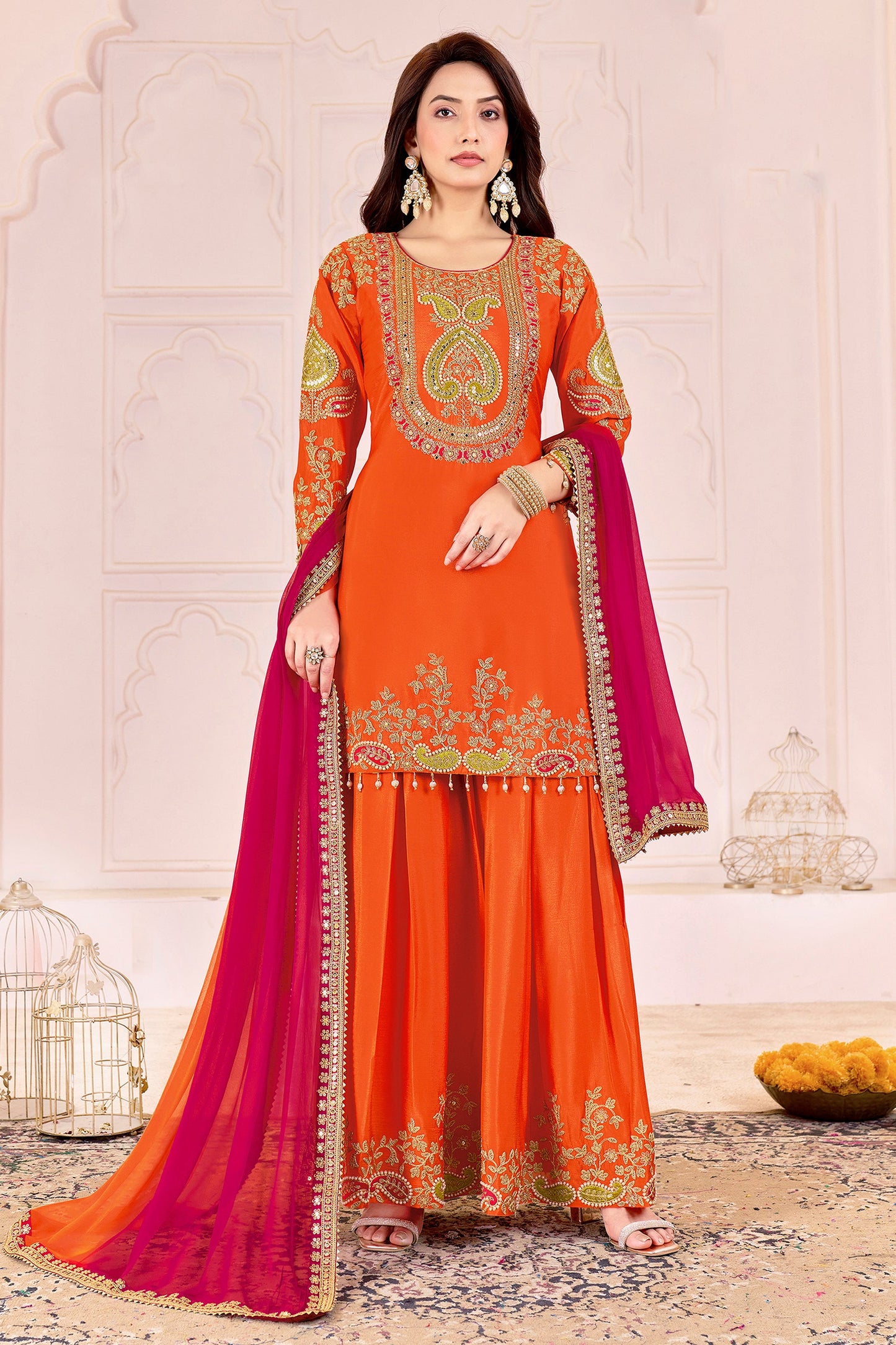 Orange Readymade Embroidered Chinon Suit-SAR11101_1_SareeButa.com