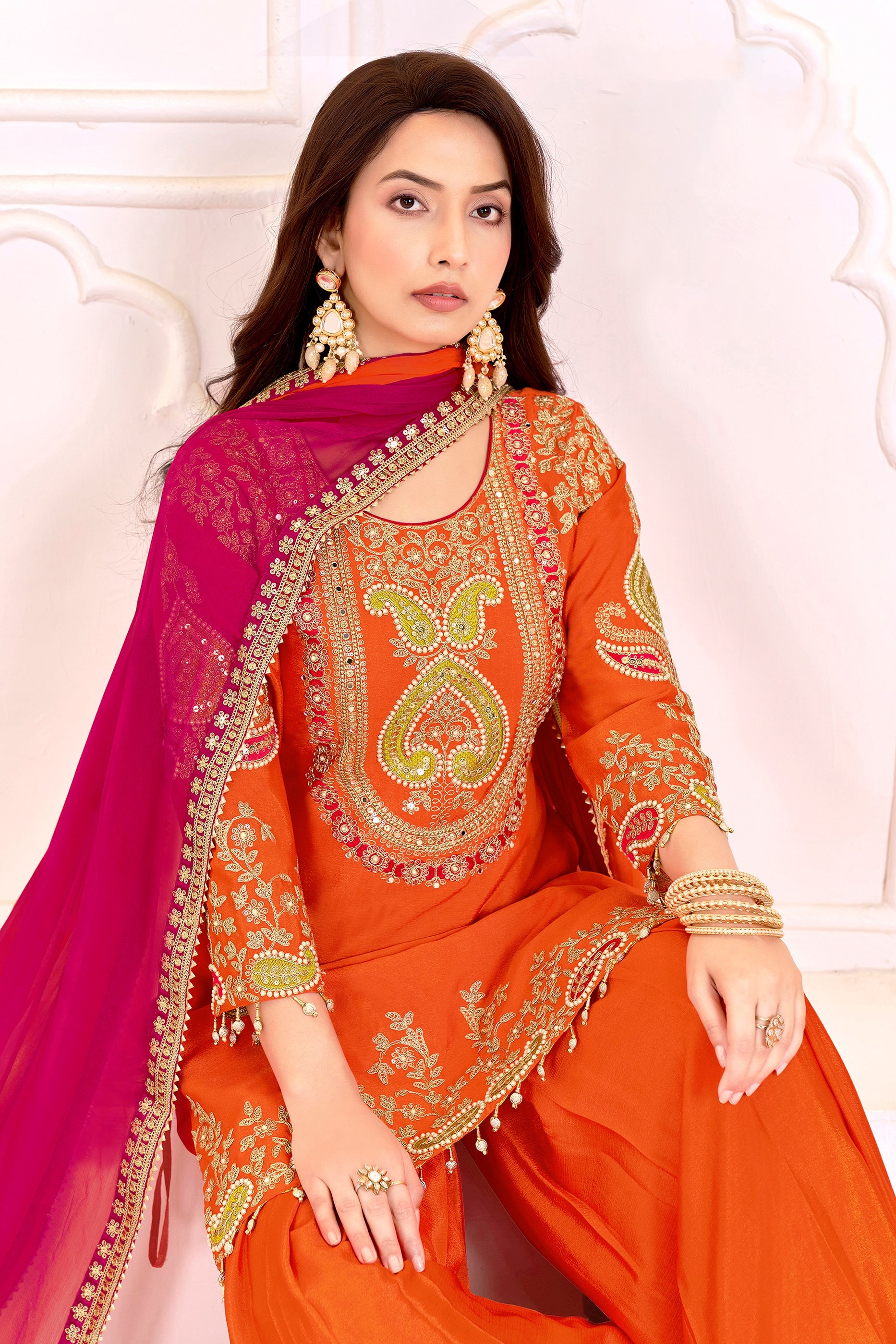 Orange Readymade Embroidered Chinon Suit-SAR11101_2_SareeButa.com