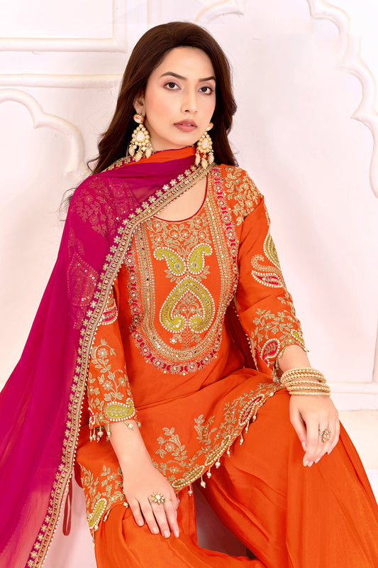 Orange Readymade Embroidered Chinon Suit-SAR11101_2_SareeButa.com