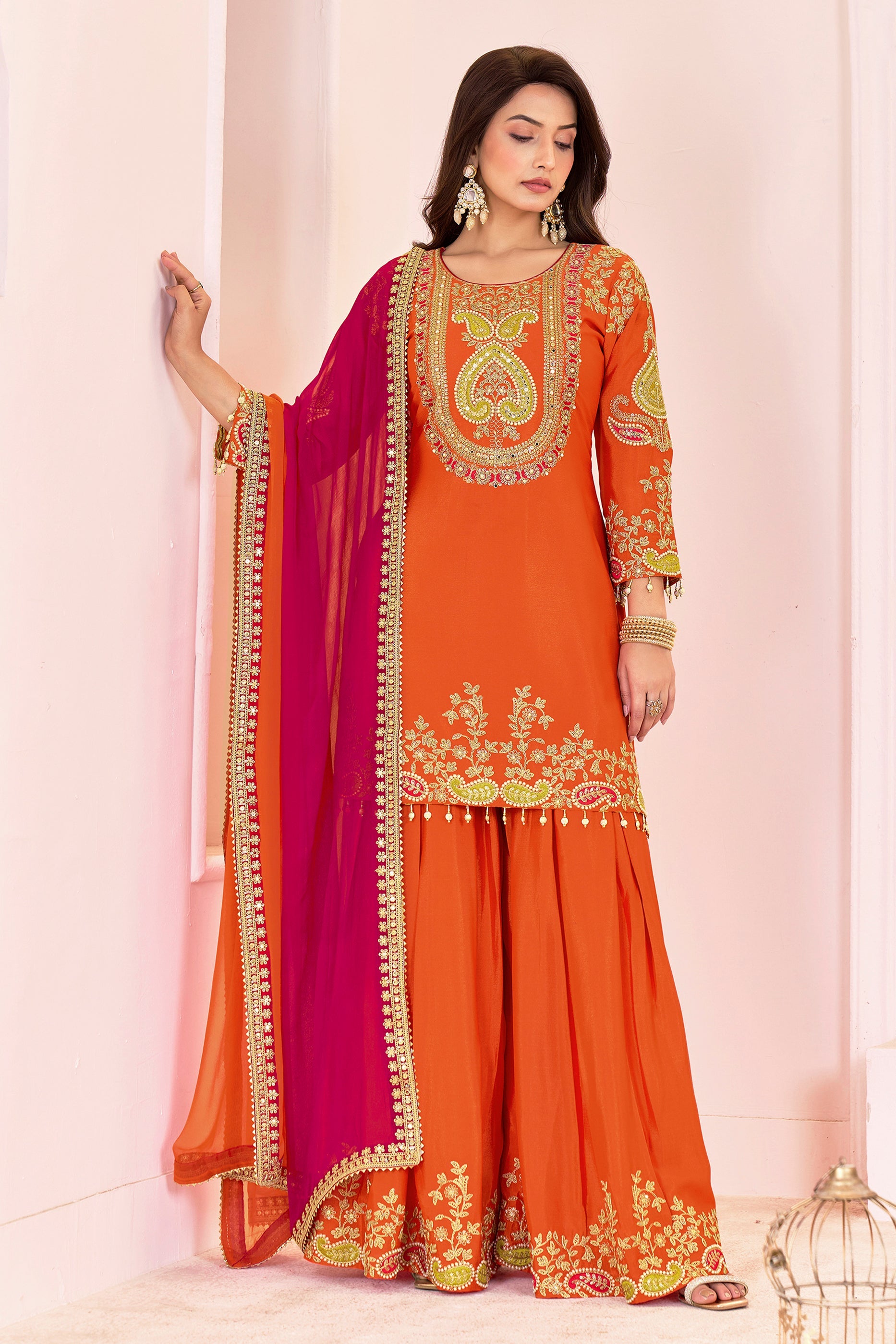 Orange Readymade Embroidered Chinon Suit-SAR11101_3_SareeButa.com