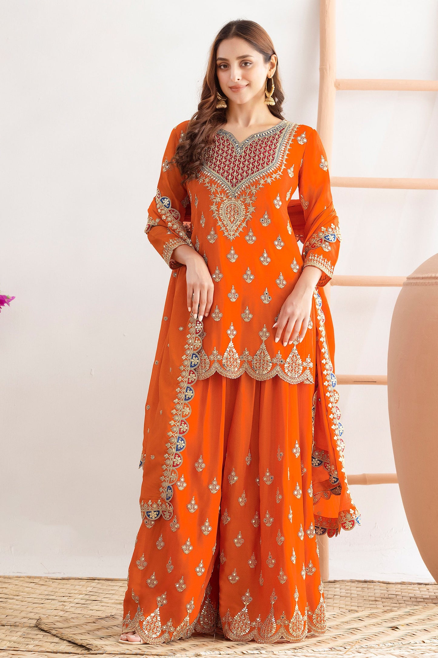 Orange Readymade Embroidered Chinon Suit-SAR11114_1_SareeButa.com