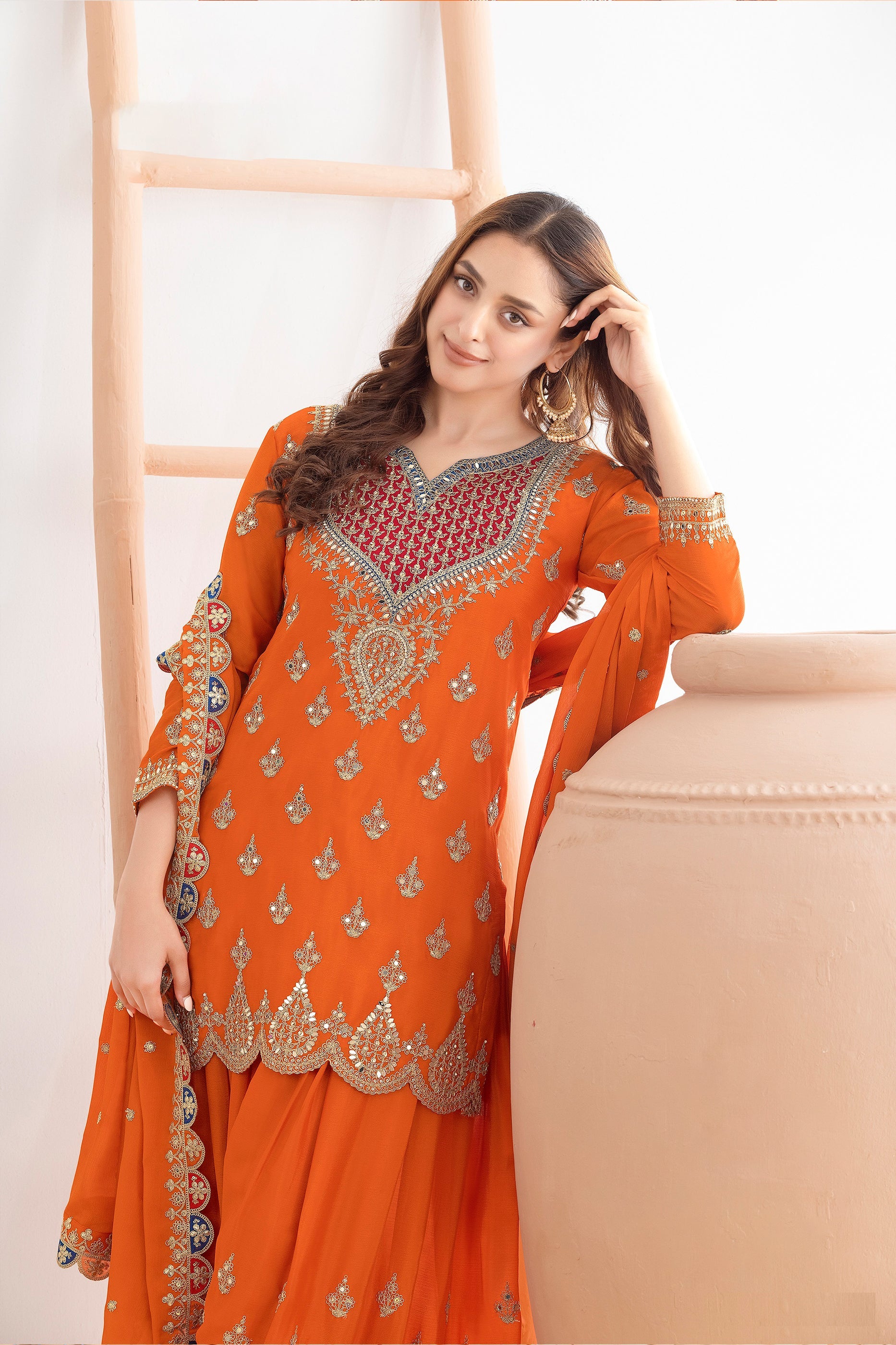 Orange Readymade Embroidered Chinon Suit-SAR11114_2_SareeButa.com