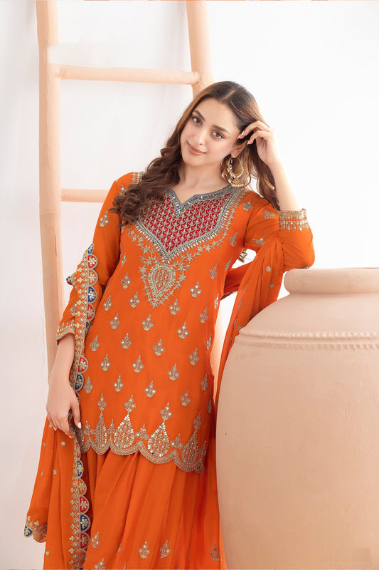 Orange Readymade Embroidered Chinon Suit-SAR11114_2_SareeButa.com