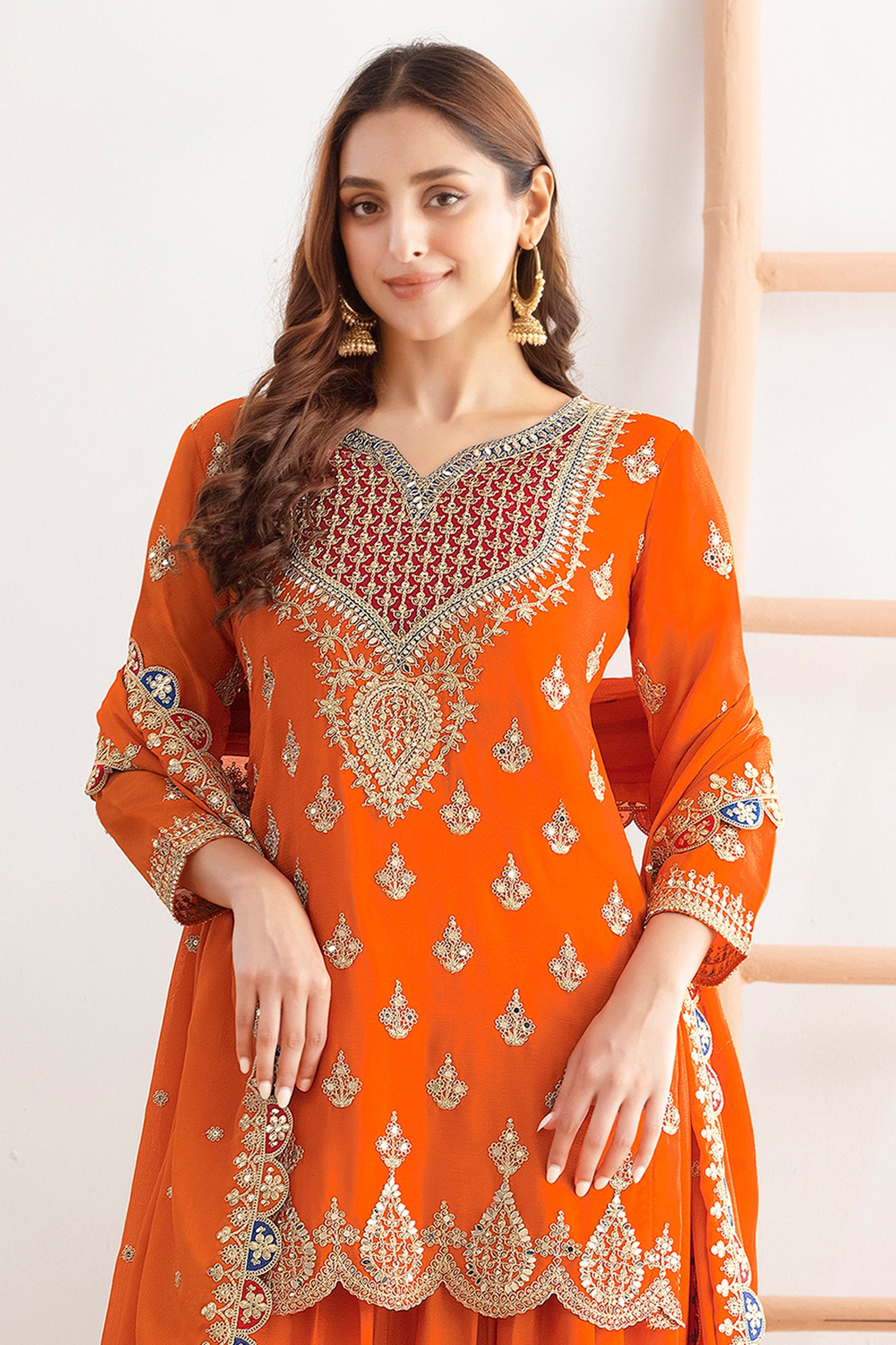 Orange Readymade Embroidered Chinon Suit-SAR11114_3_SareeButa.com