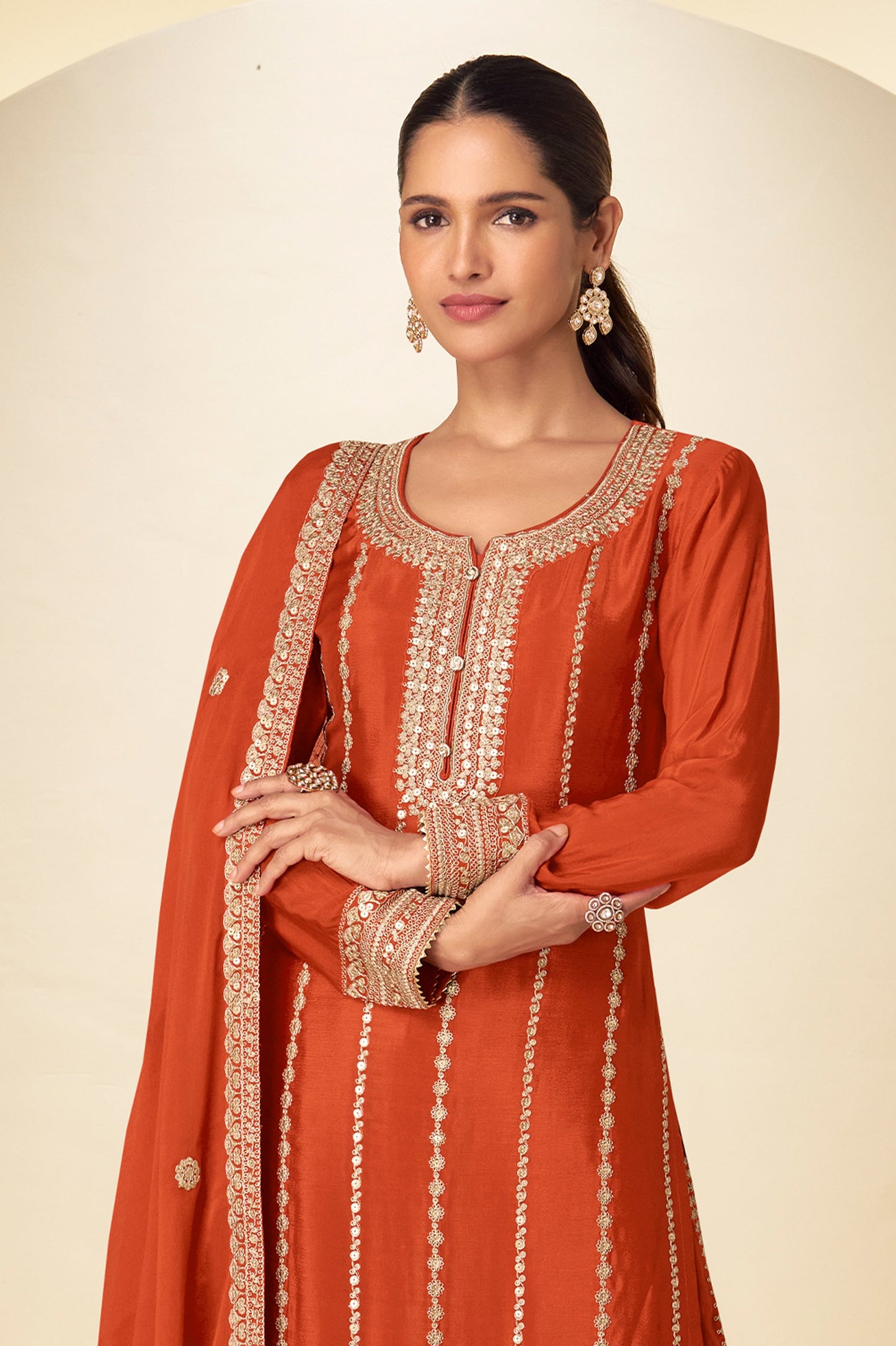 Orange Readymade Embroidered Chinon Suit-SAR11627_3_SareeButa.com