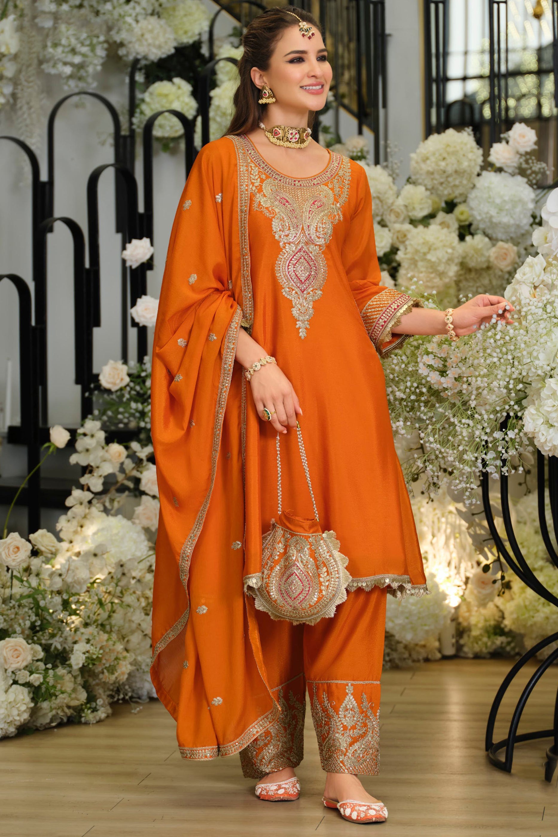 Orange Readymade Embroidered Chinon Suit-SAR12003_1_SareeButa.com