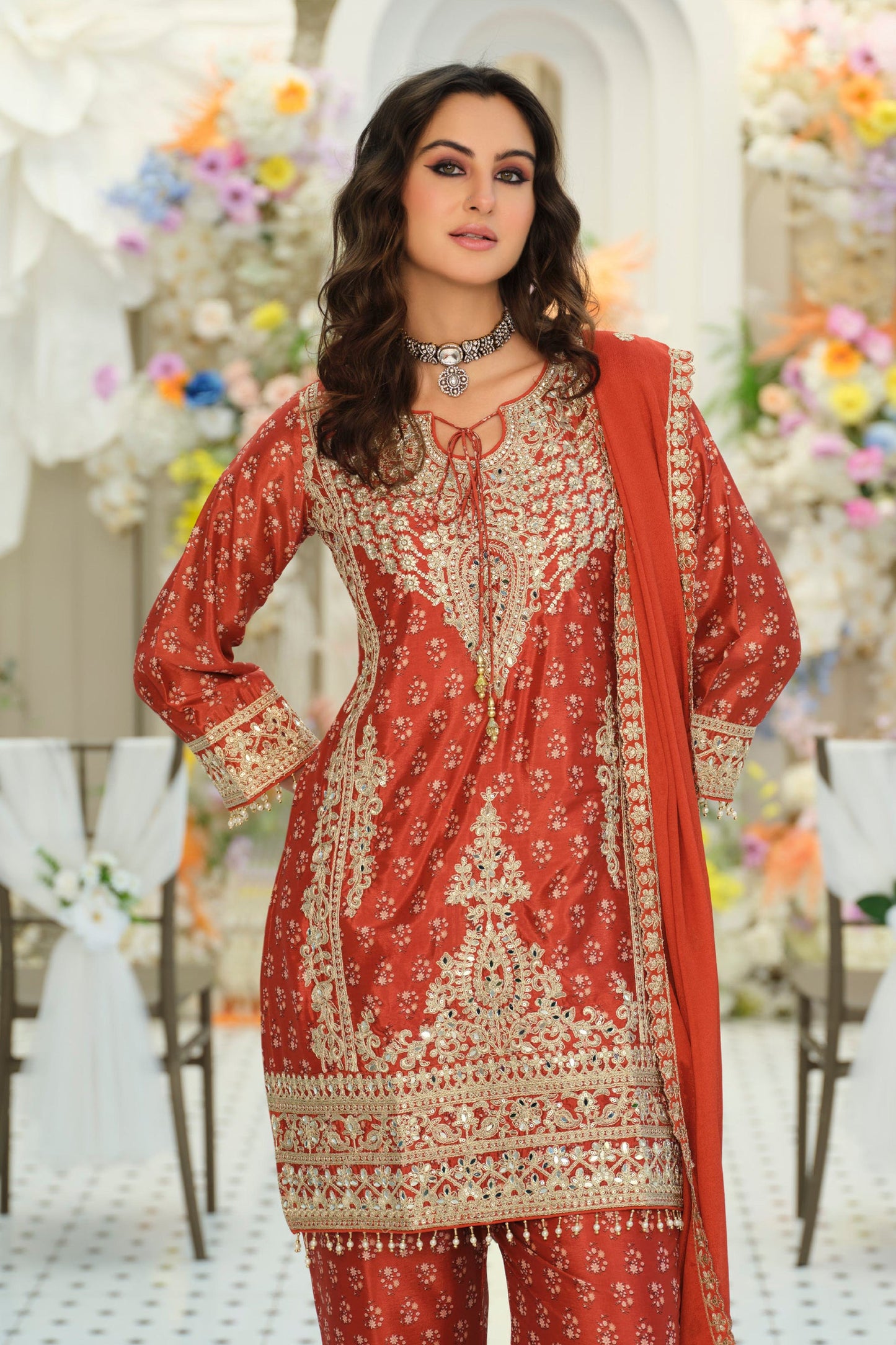 Orange Readymade Embroidered Chinon Suit-SAR12169_3_SareeButa.com