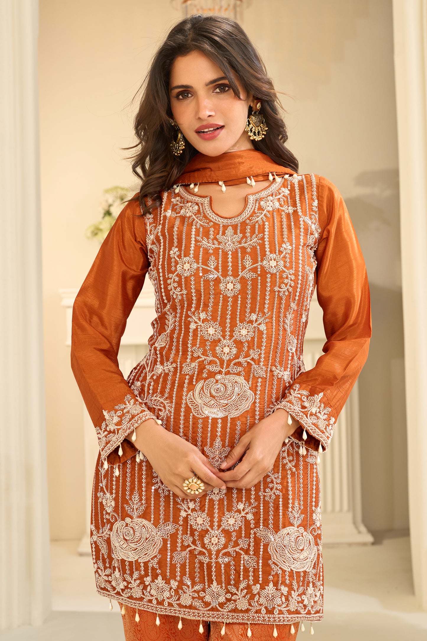Orange Readymade Embroidered Chinon Suit-SAR12217_2_SareeButa.com