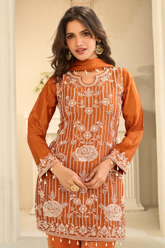 Orange Readymade Embroidered Chinon Suit-SAR12217_2_SareeButa.com