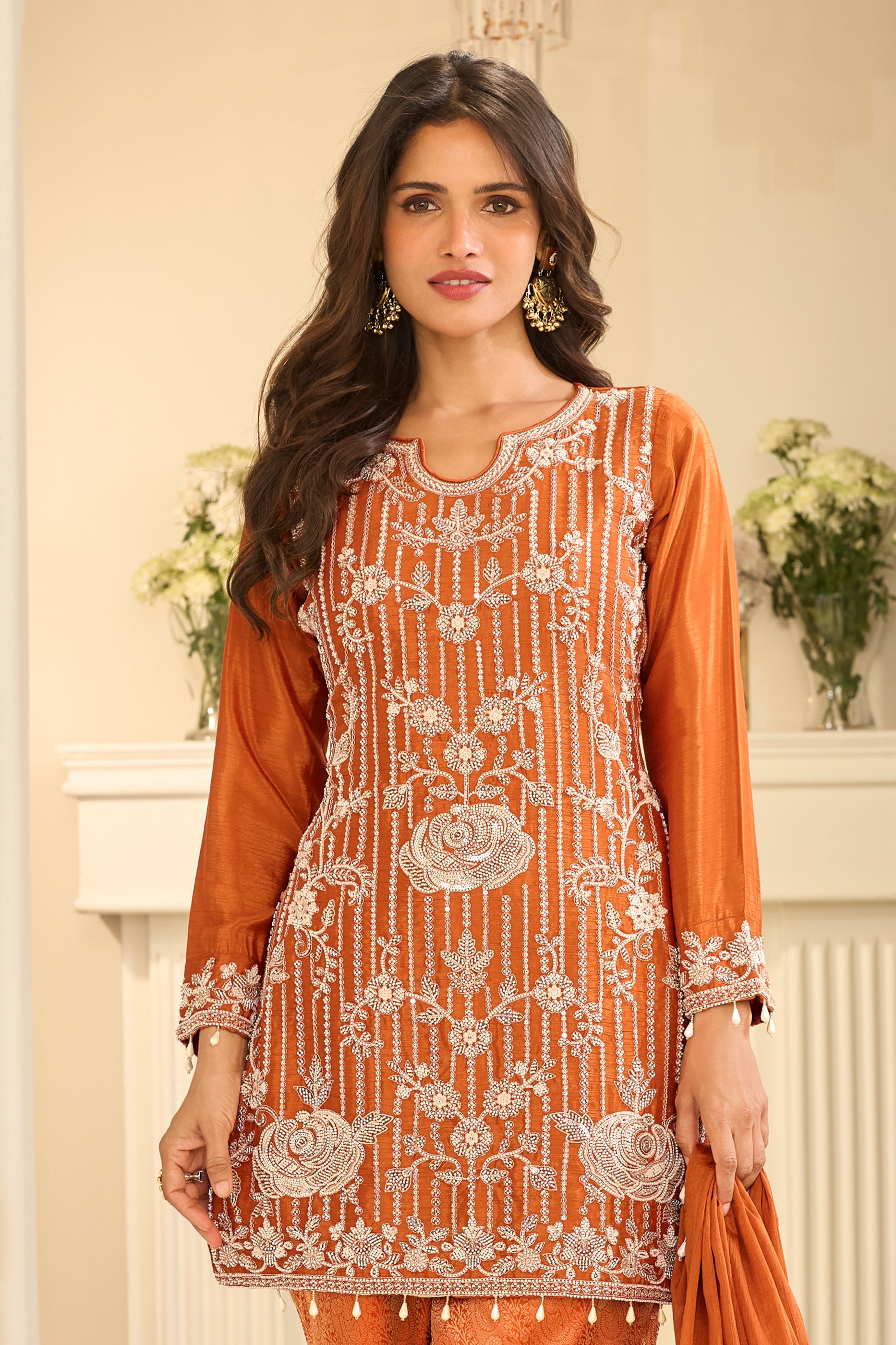 Orange Readymade Embroidered Chinon Suit-SAR12217_3_SareeButa.com