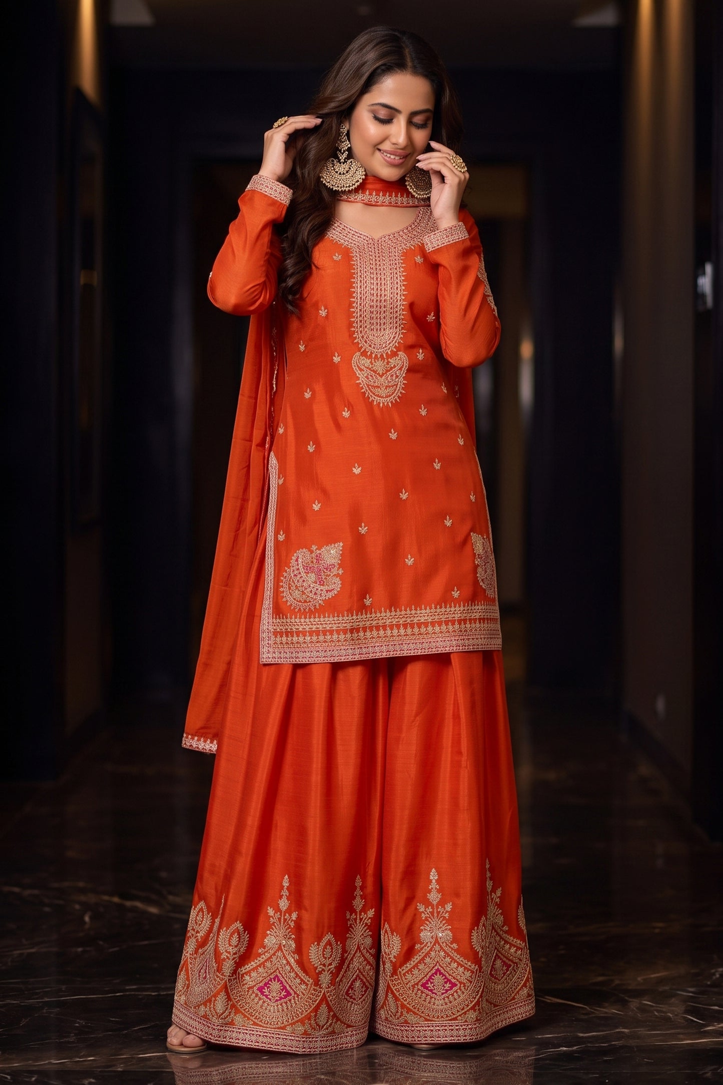 Orange Readymade Embroidered Chinon Suit-SAR12991_2_SareeButa.com