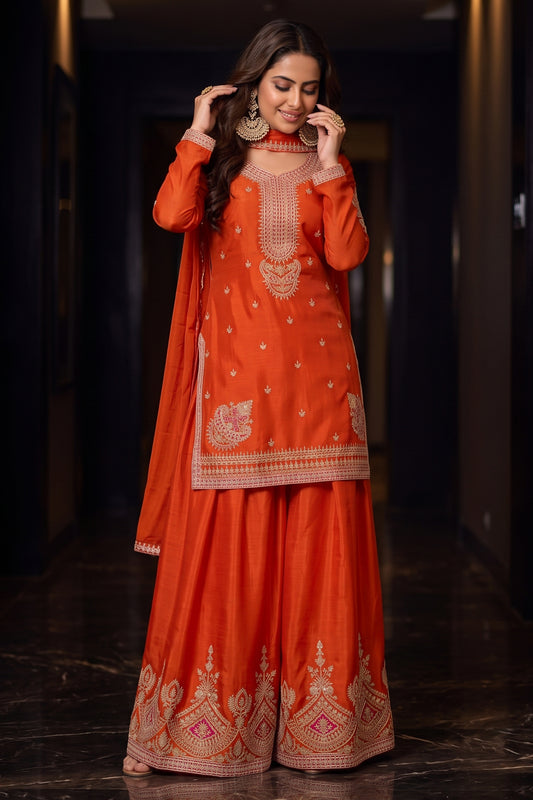 Orange Readymade Embroidered Chinon Suit-SAR12991_2_SareeButa.com