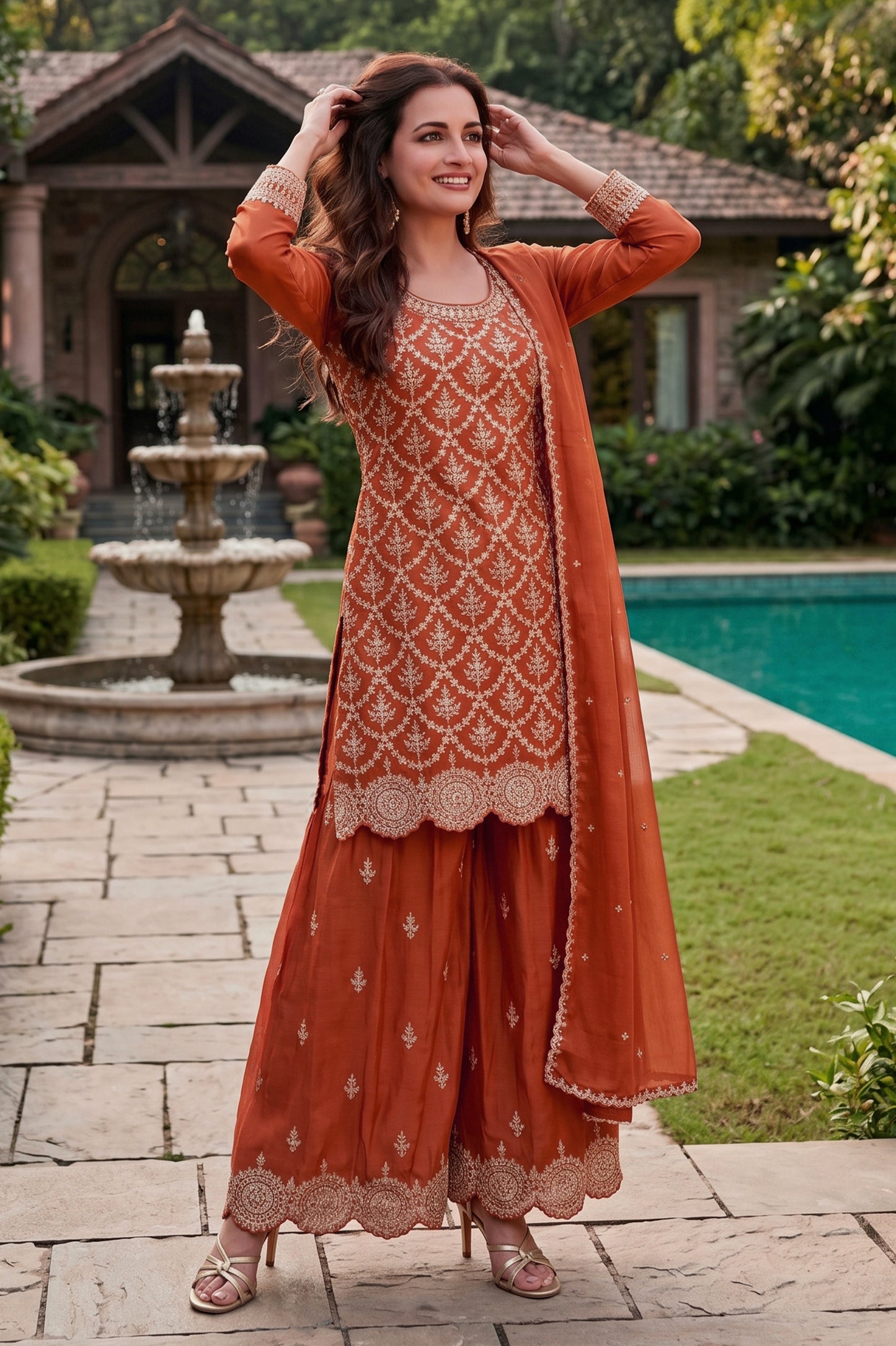 Orange Readymade Embroidered Chinon Suit-SAR12994_1_SareeButa.com