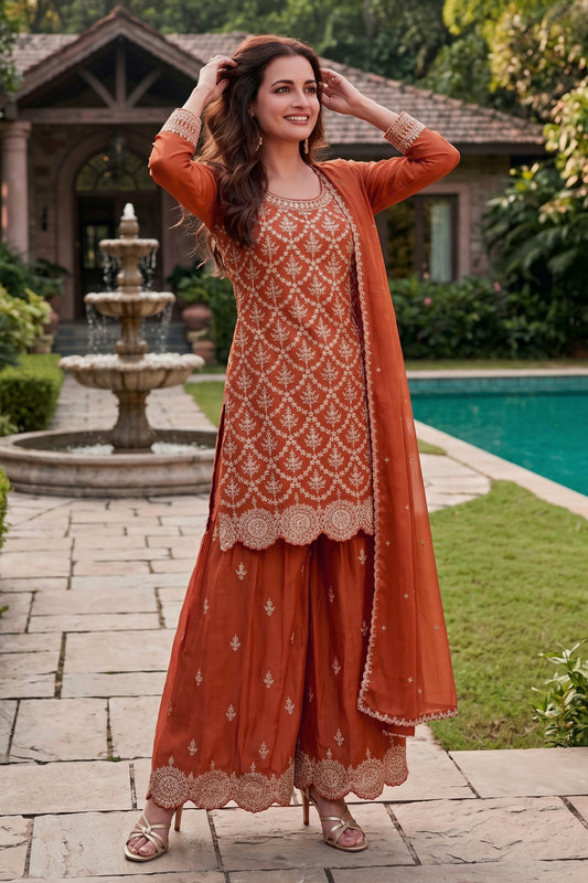 Orange Readymade Embroidered Chinon Suit-SAR12994_1_SareeButa.com
