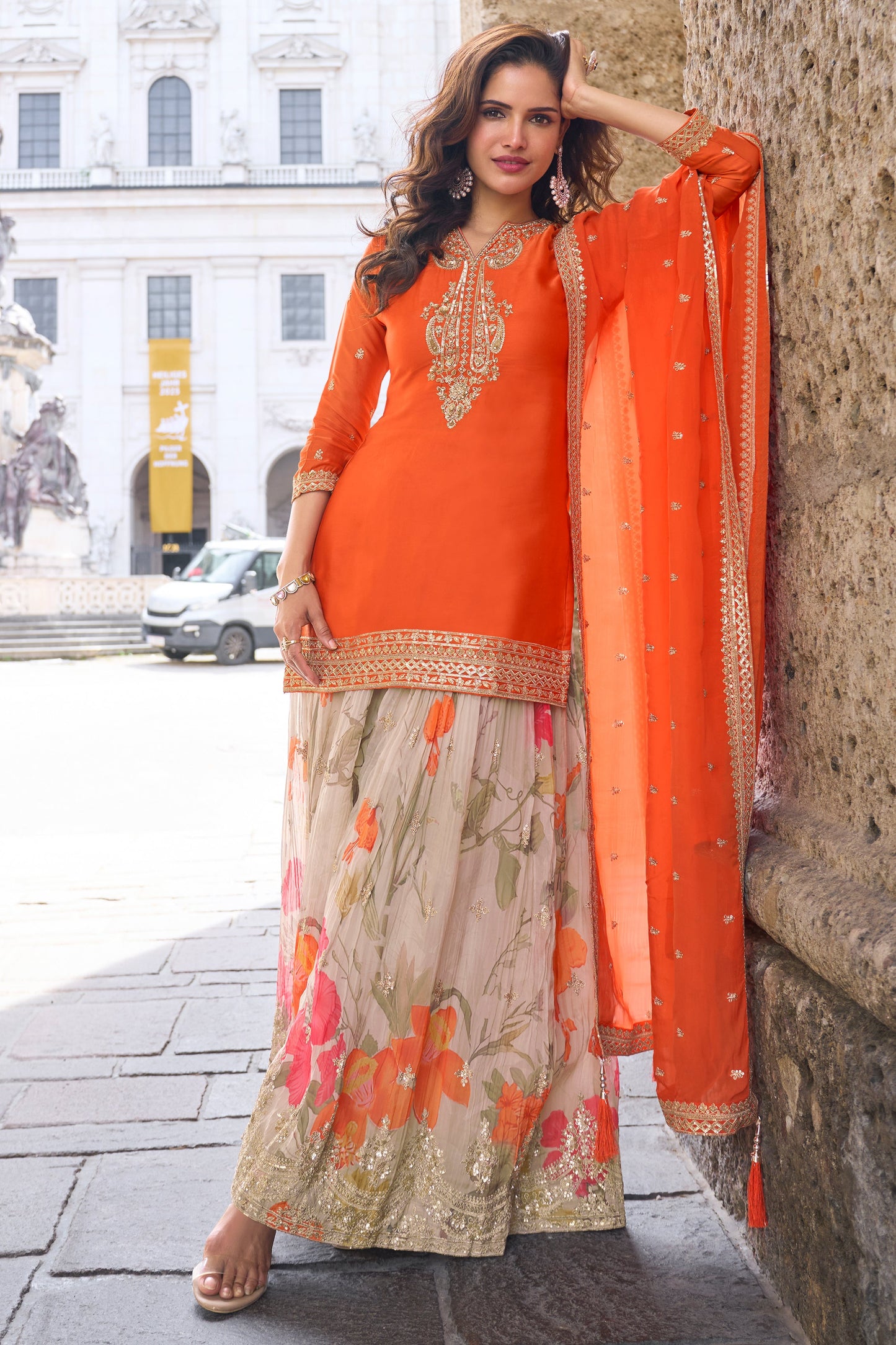 Orange Readymade Embroidered Chinon Suit-SS723_1_SareeButa.com