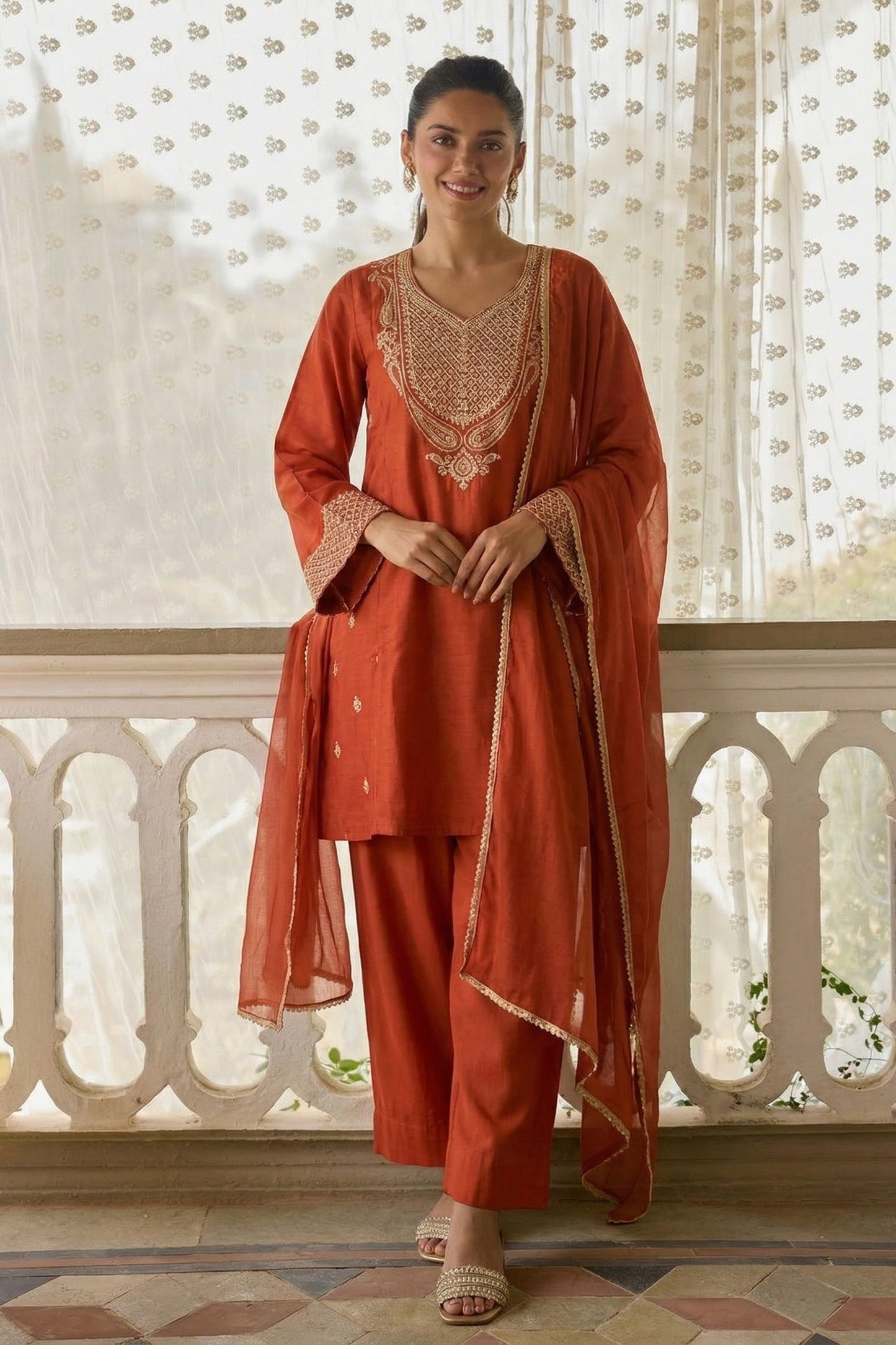 Orange Readymade Embroidered Cotton Silk Suit-SAR12754_1_SareeButa.com
