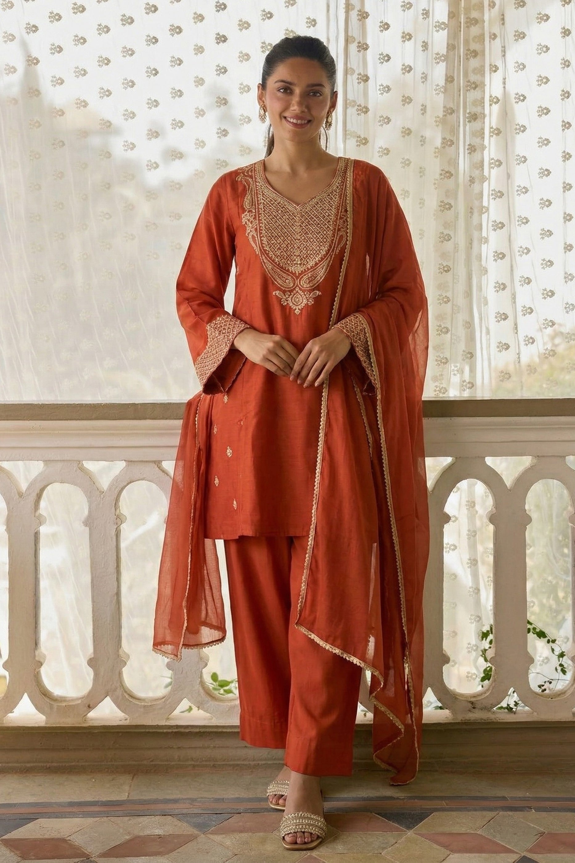 Orange Readymade Embroidered Cotton Silk Suit-SAR12754_1_SareeButa.com