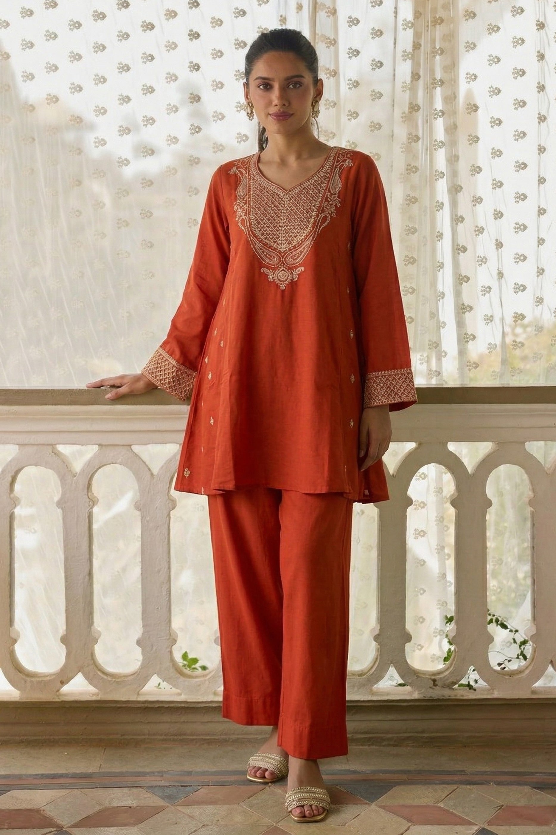 Orange Readymade Embroidered Cotton Silk Suit-SAR12754_2_SareeButa.com