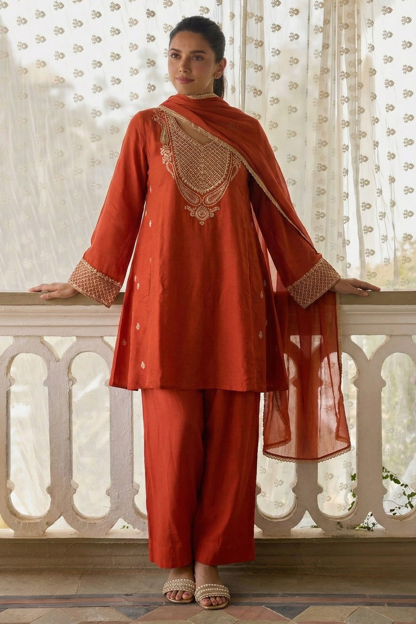 Orange Readymade Embroidered Cotton Silk Suit-SAR12754_3_SareeButa.com