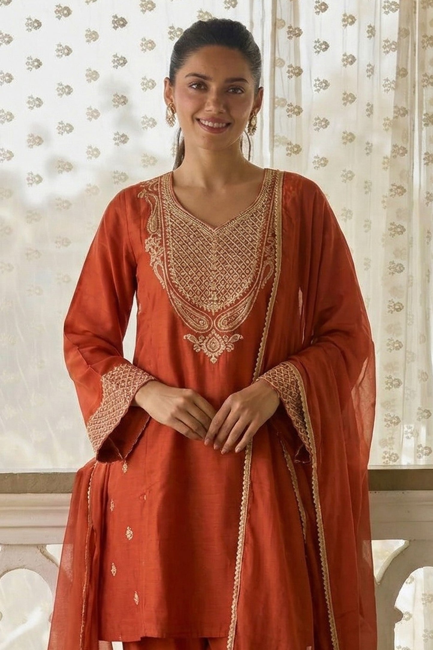 Orange Readymade Embroidered Cotton Silk Suit-SAR12754_4_SareeButa.com