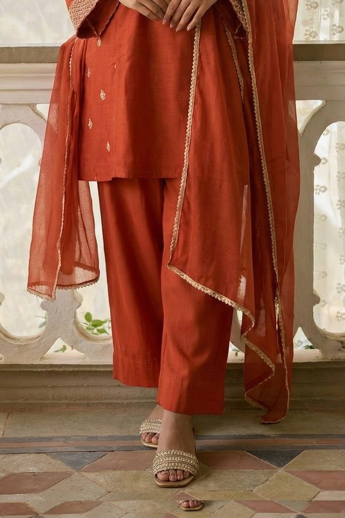 Orange Readymade Embroidered Cotton Silk Suit-SAR12754_5_SareeButa.com