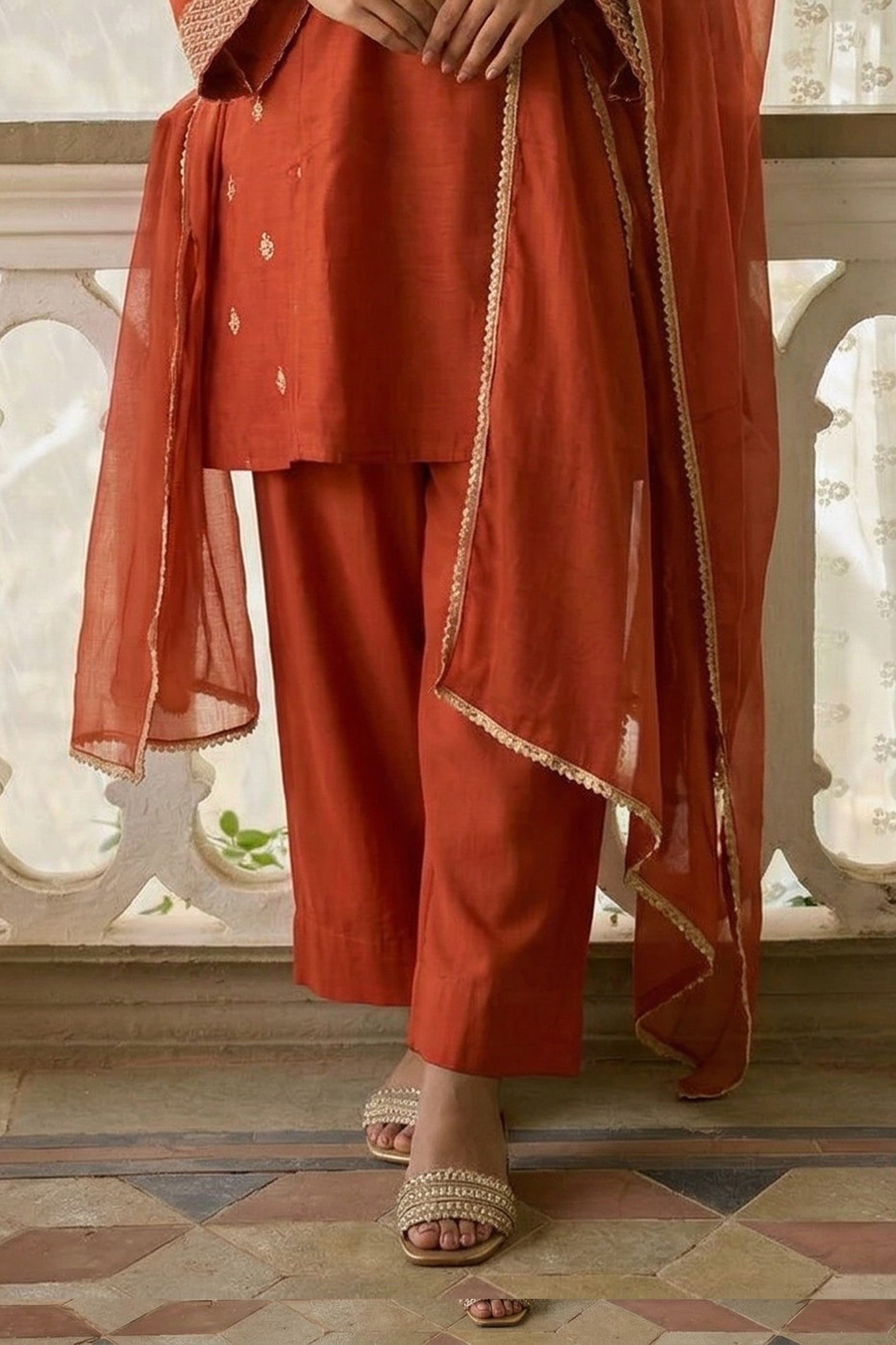 Orange Readymade Embroidered Cotton Silk Suit-SAR12754_5_SareeButa.com