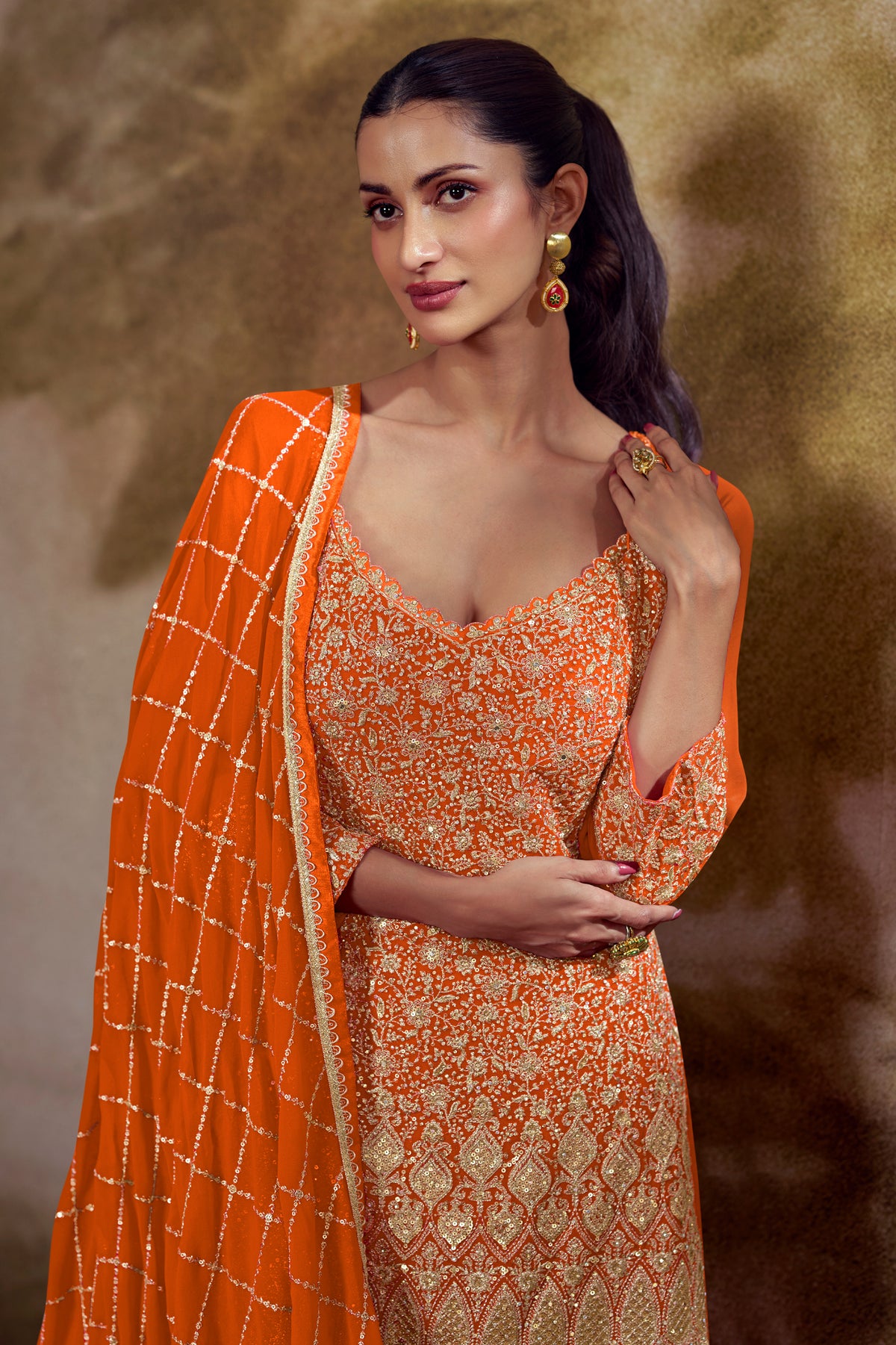 Orange Readymade Embroidered Georgette Palazzo Suit-SAR13370_2_SareeButa.com
