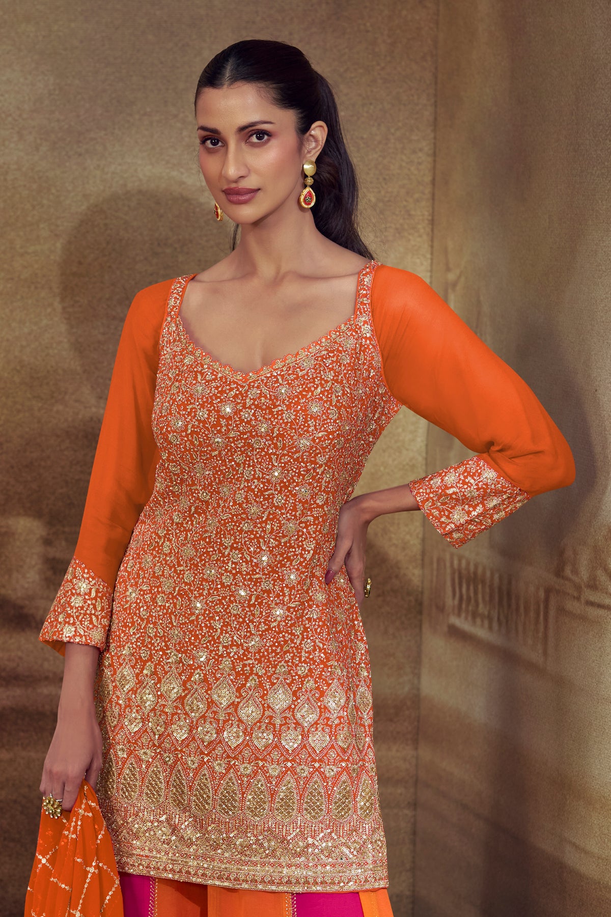 Orange Readymade Embroidered Georgette Palazzo Suit-SAR13370_3_SareeButa.com