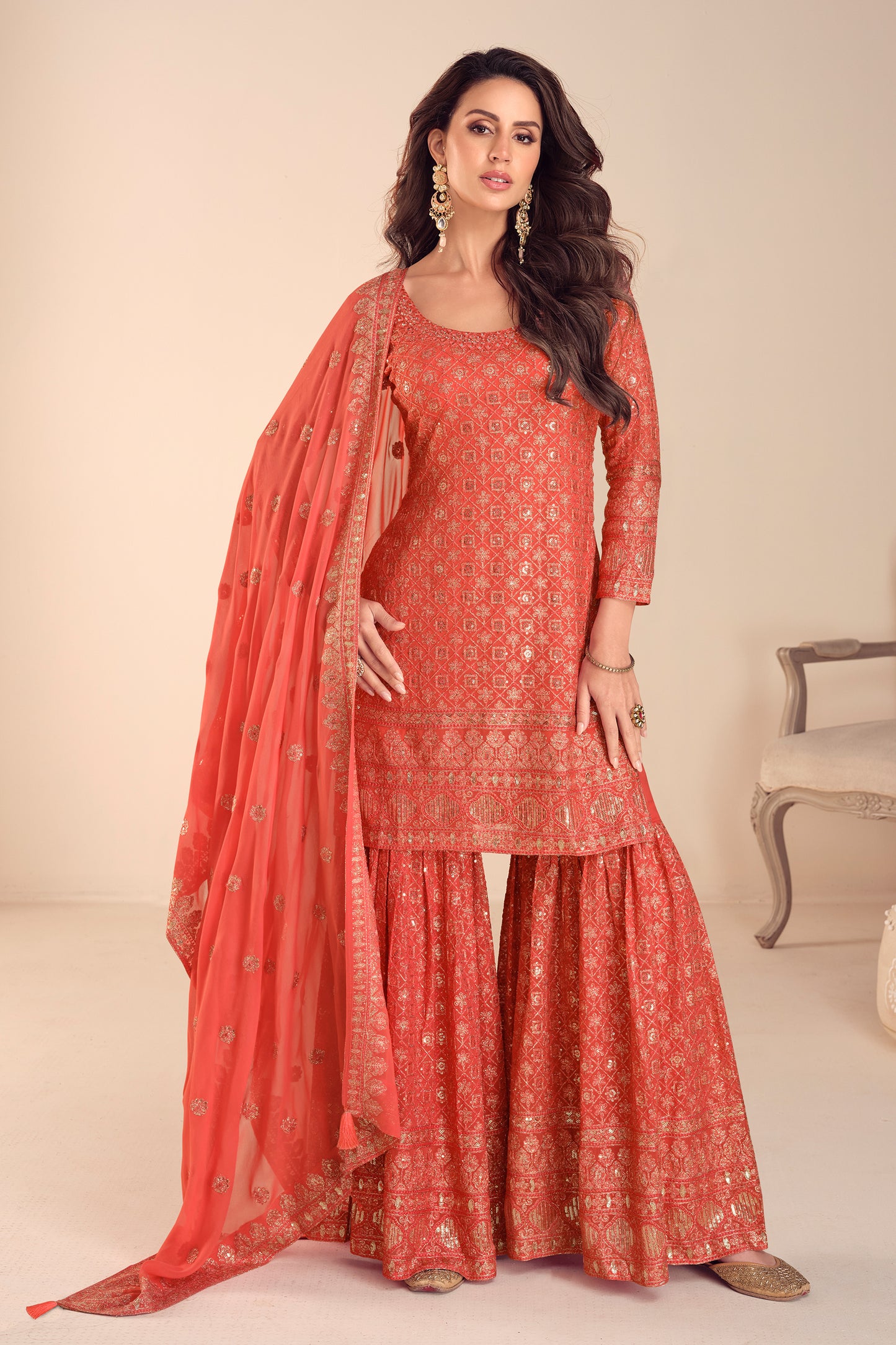 Orange Readymade Embroidered Georgette Suit-SAR12228_1_SareeButa.com