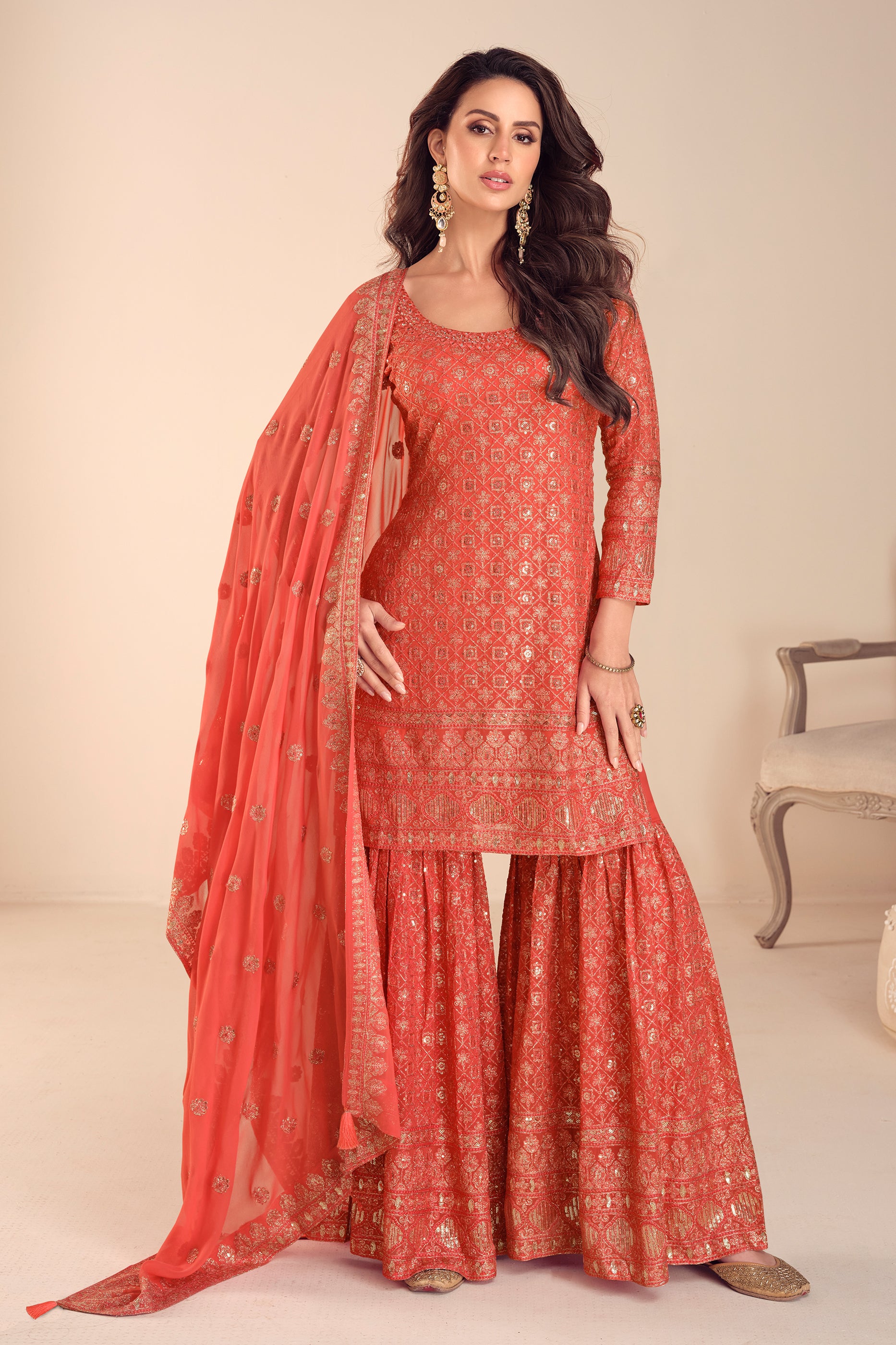 Orange Readymade Embroidered Georgette Suit-SAR12228_1_SareeButa.com