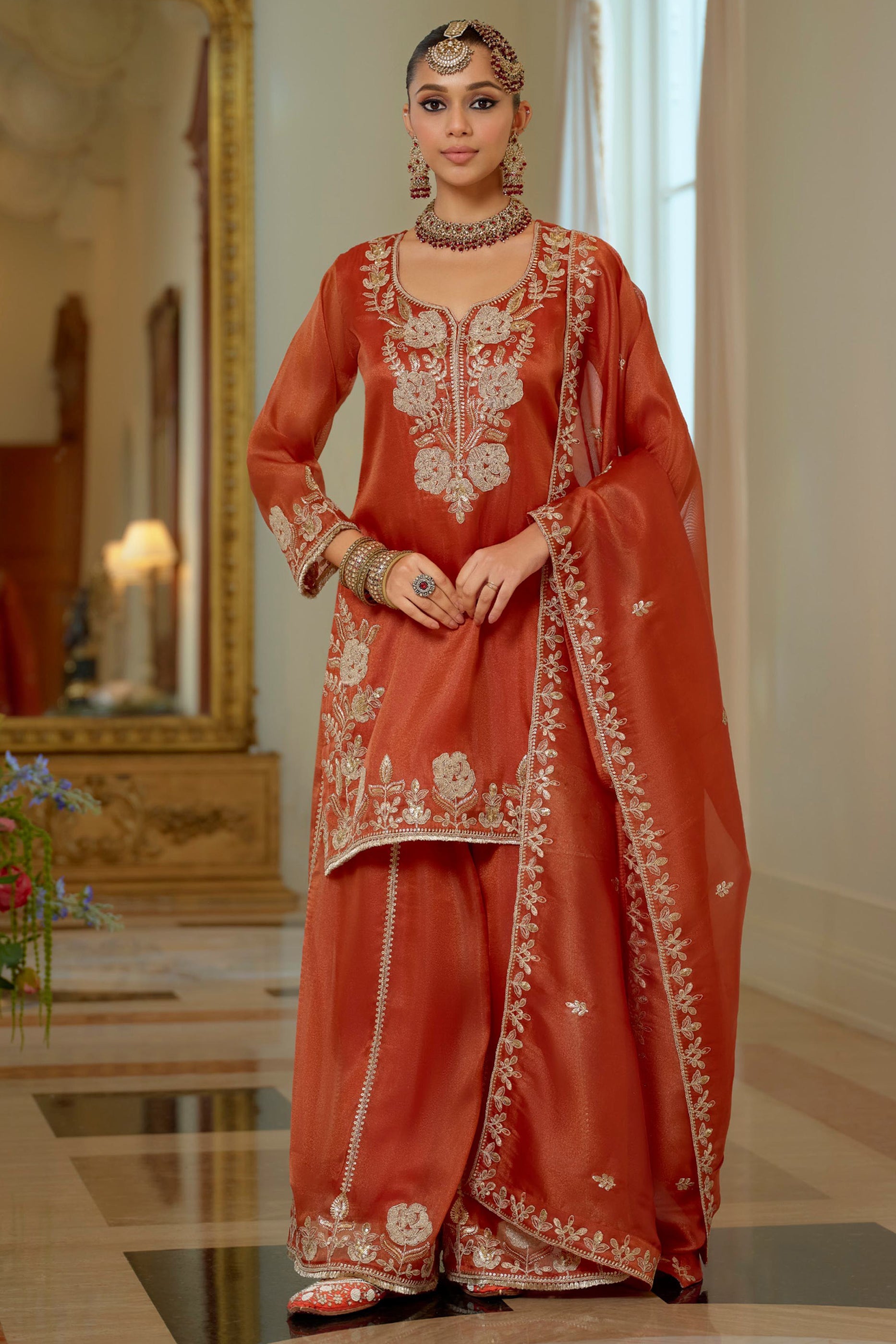 Orange Readymade Embroidered Shimmer Palazzo Suit-SAR11665_1_SareeButa.com