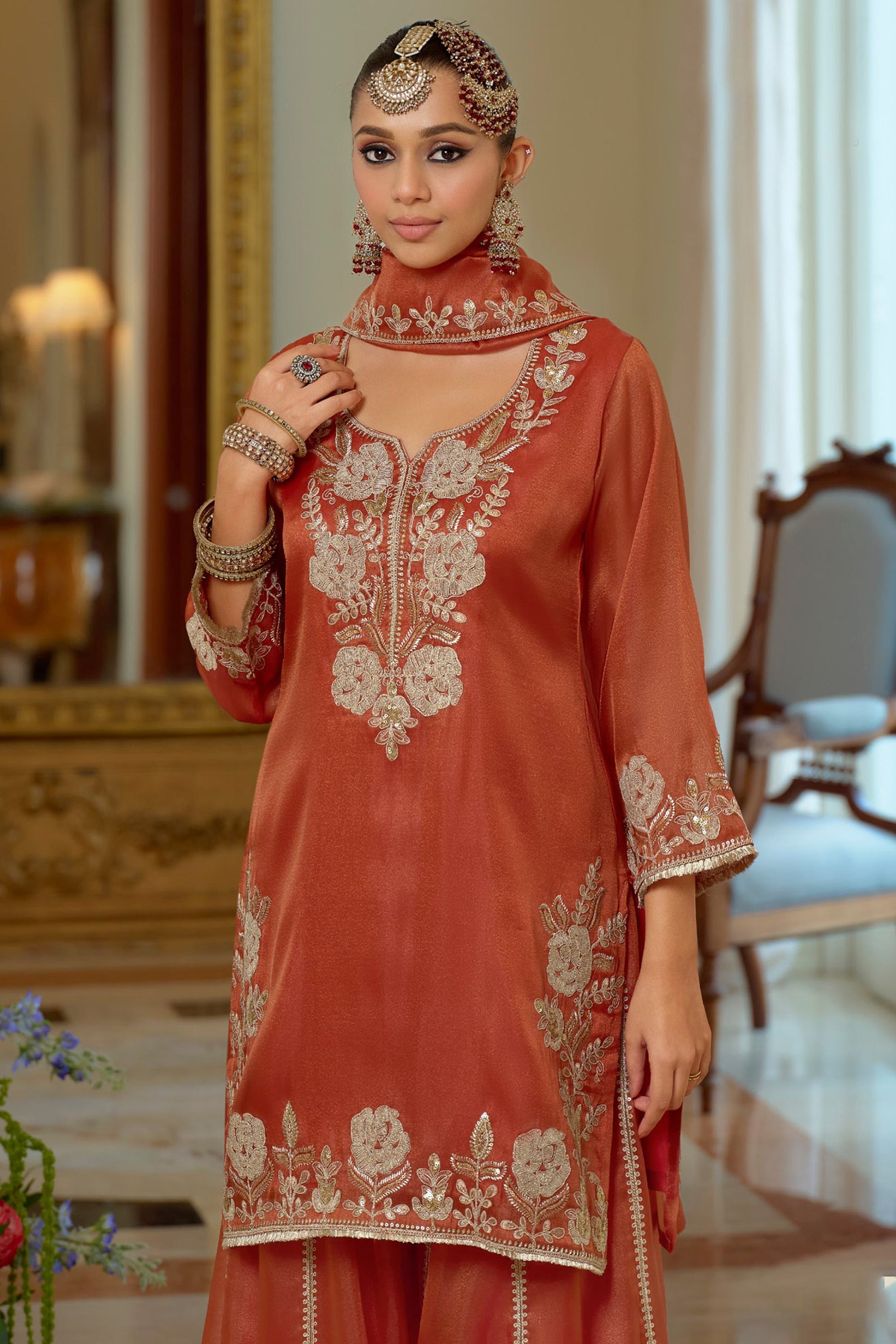 Orange Readymade Embroidered Shimmer Palazzo Suit-SAR11665_2_SareeButa.com