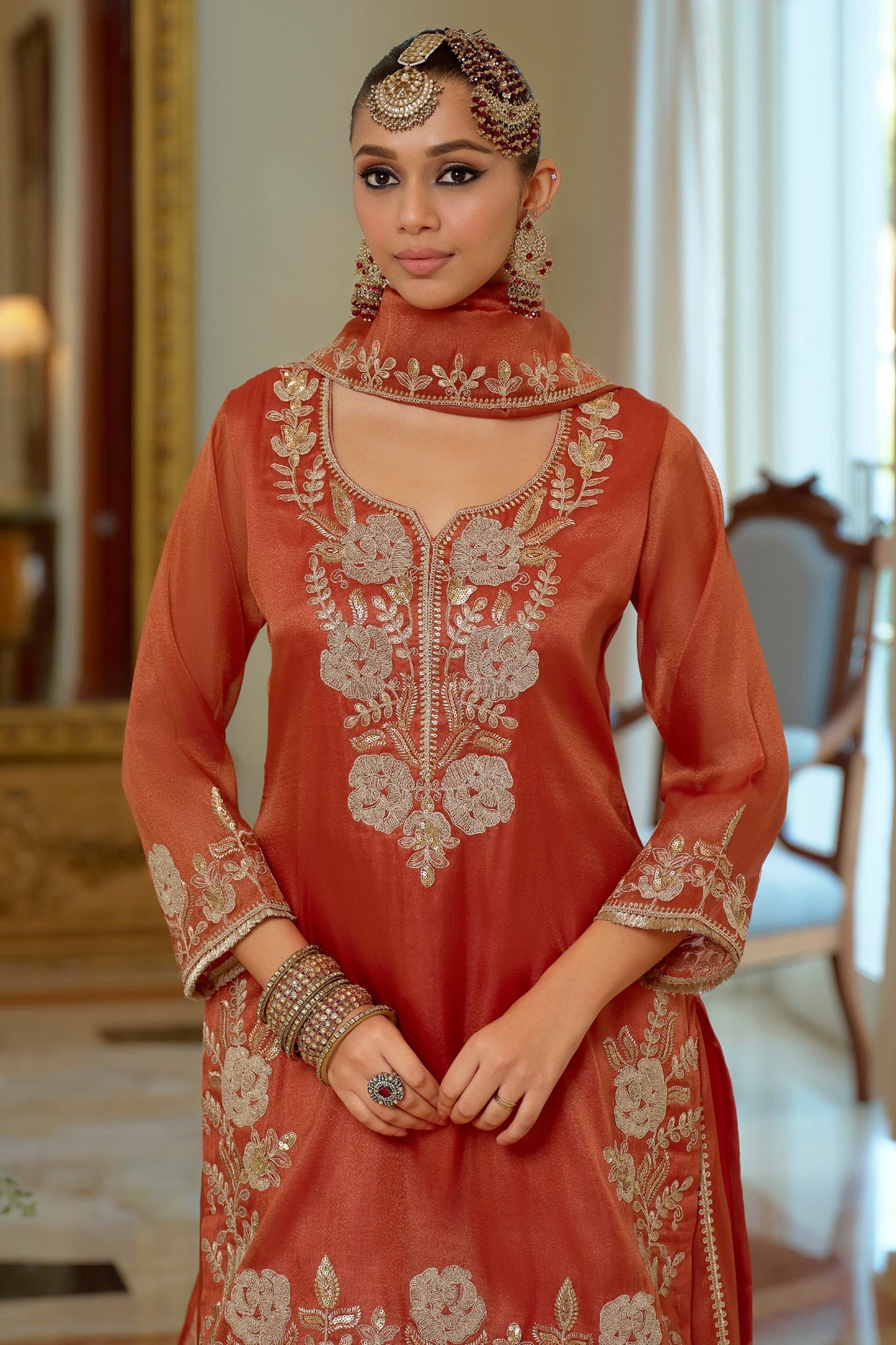 Orange Readymade Embroidered Shimmer Palazzo Suit-SAR11665_3_SareeButa.com